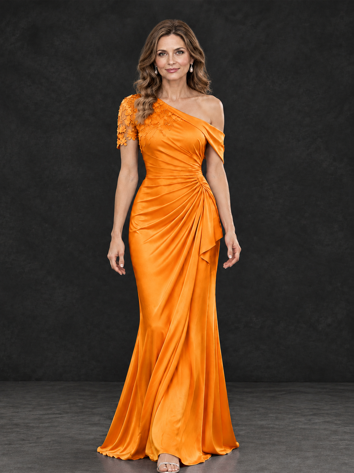 BOLODOO Orange Asymmetric Satin Mother of the Bride Dress with Lace Sleeve - Orange - Orange (4)