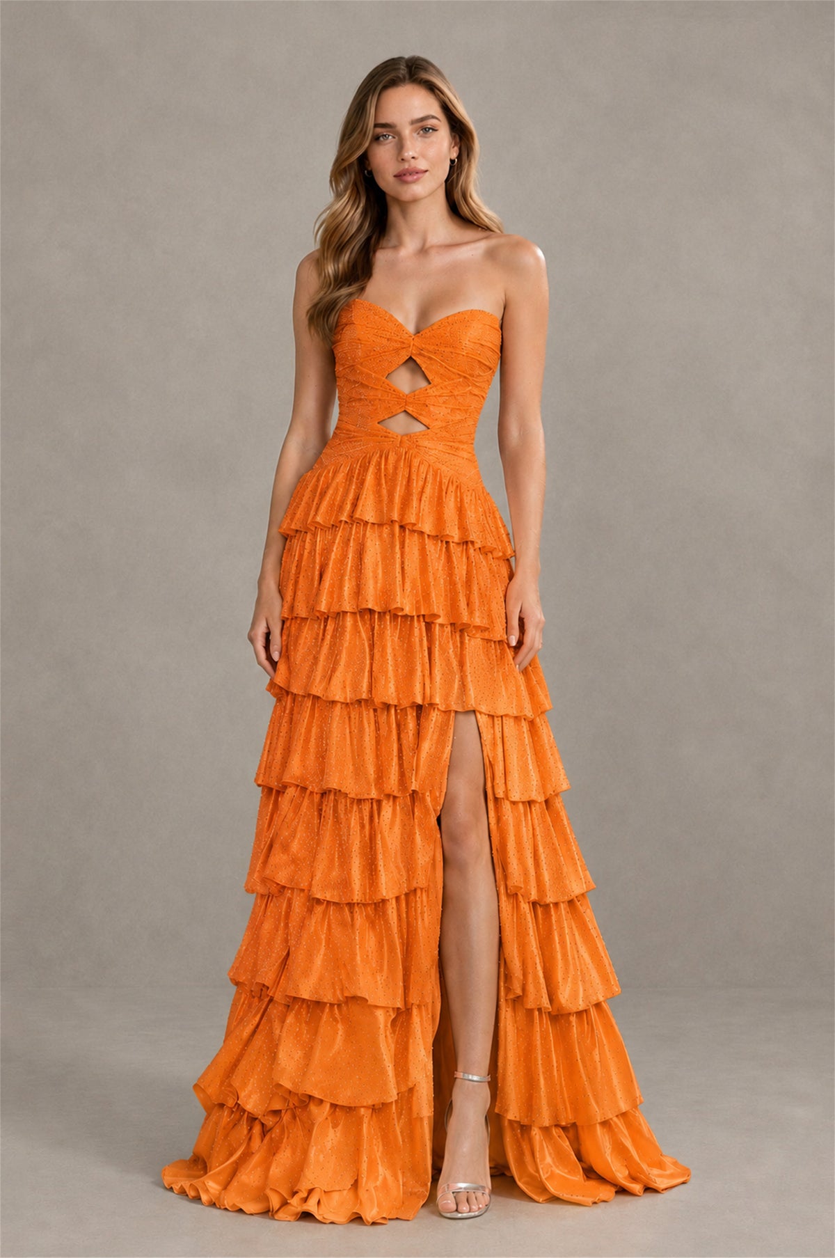 BOLODOO Orange Strapless Cutout Tiered Ruffle Prom Dress with High Slit - Orange - Orange (4)