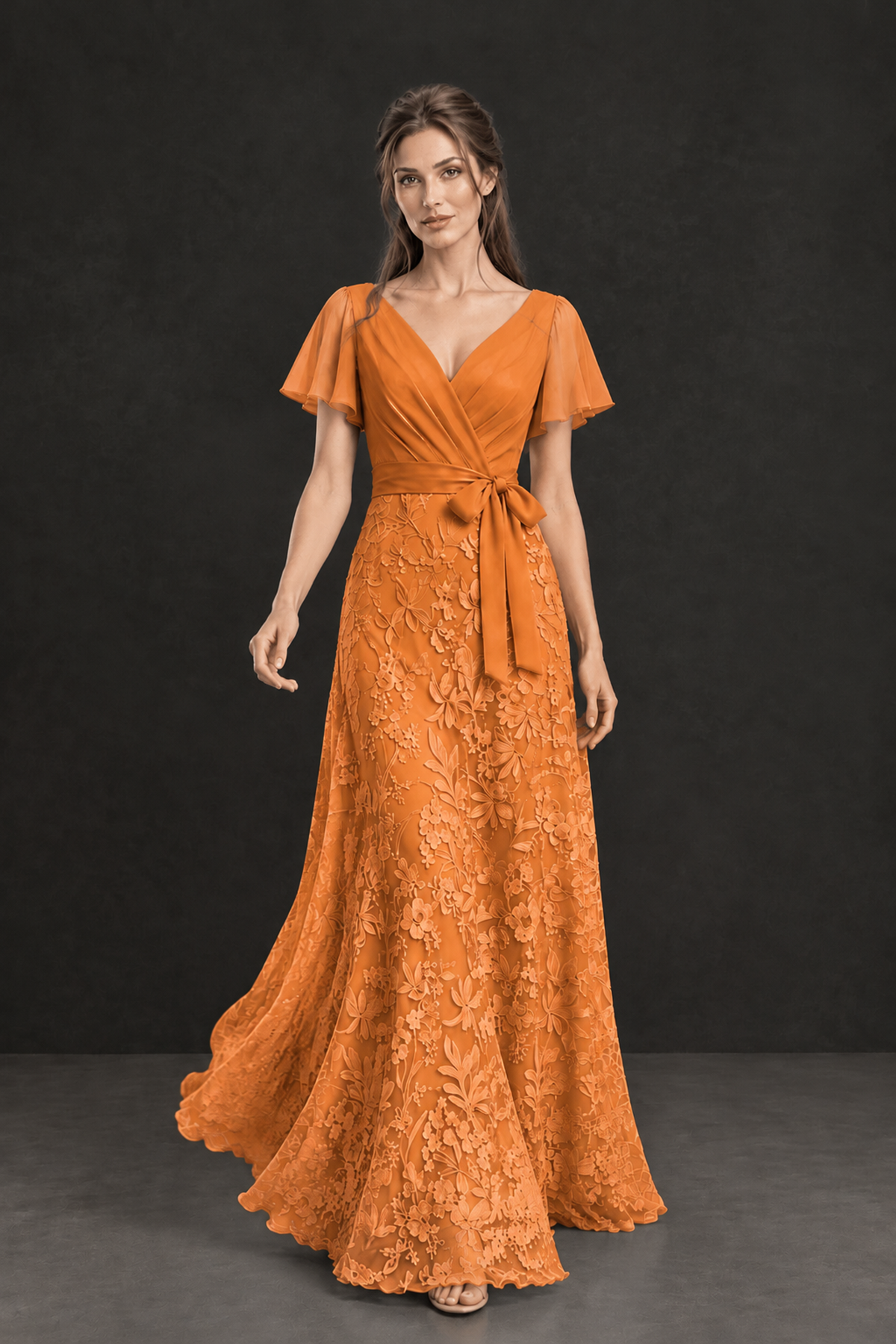 BOLODOO Orange Flutter Sleeve Lace Mother of the Bride Dress - Orange