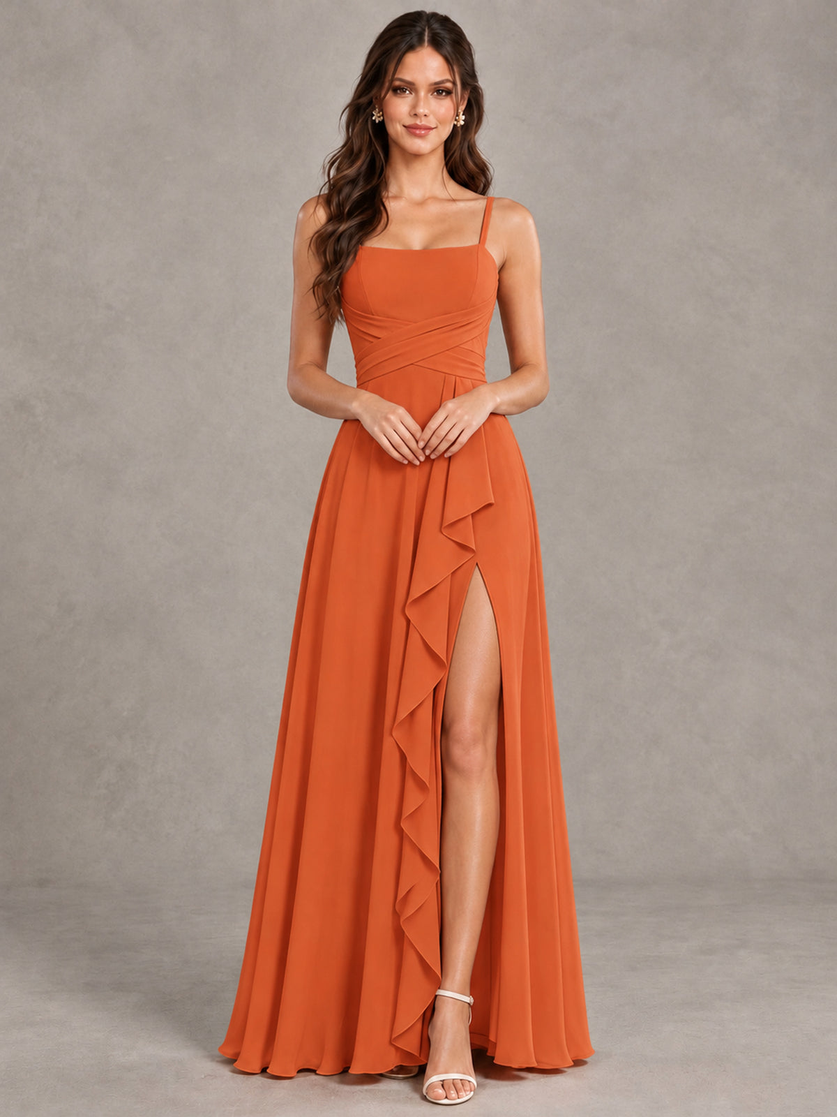 BOLODOO Orange Spaghetti Strap Ruffle Bridesmaid Dress with Slit - Orange - Orange (4)