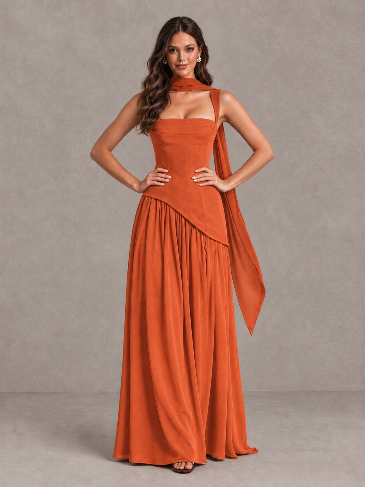 BOLODOO Orange Brown Scarf Bridesmaid Dress with Lace-Up Back - Orange - Orange (4)