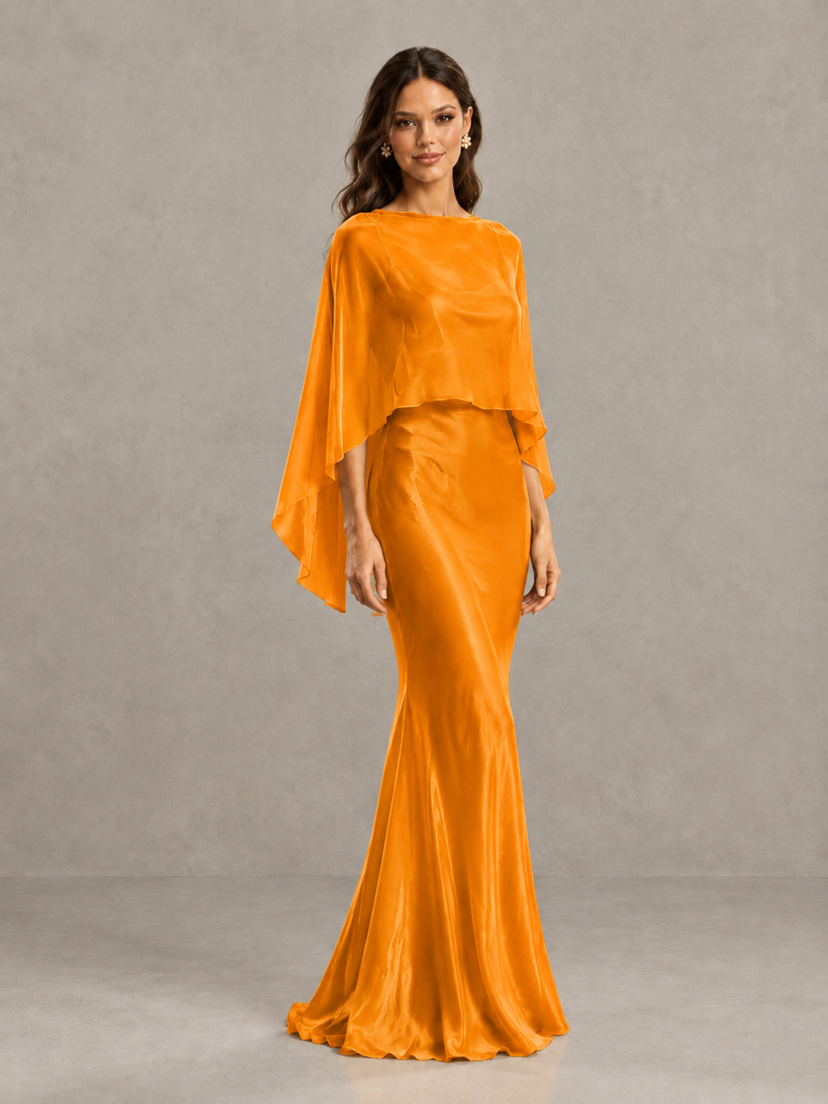 BOLODOO Orange Satin Mermaid Bridesmaid Dress with Chiffon Cape - Orange - Orange (4)