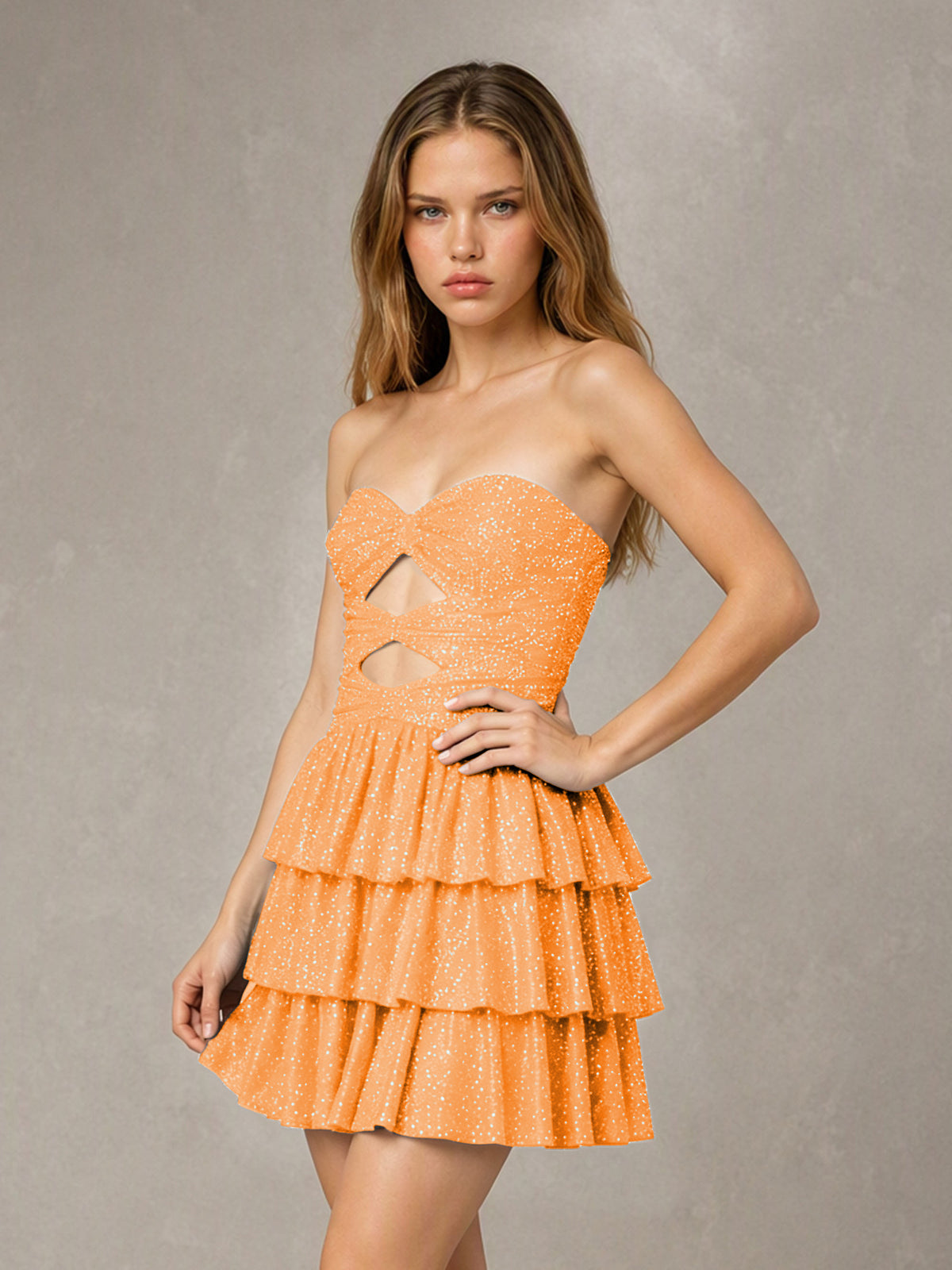 BOLODOO Orange Strapless Sweetheart Cutout Glitter Tiered Ruffle Mini Dress | Lace-Up Back Corset - Orange