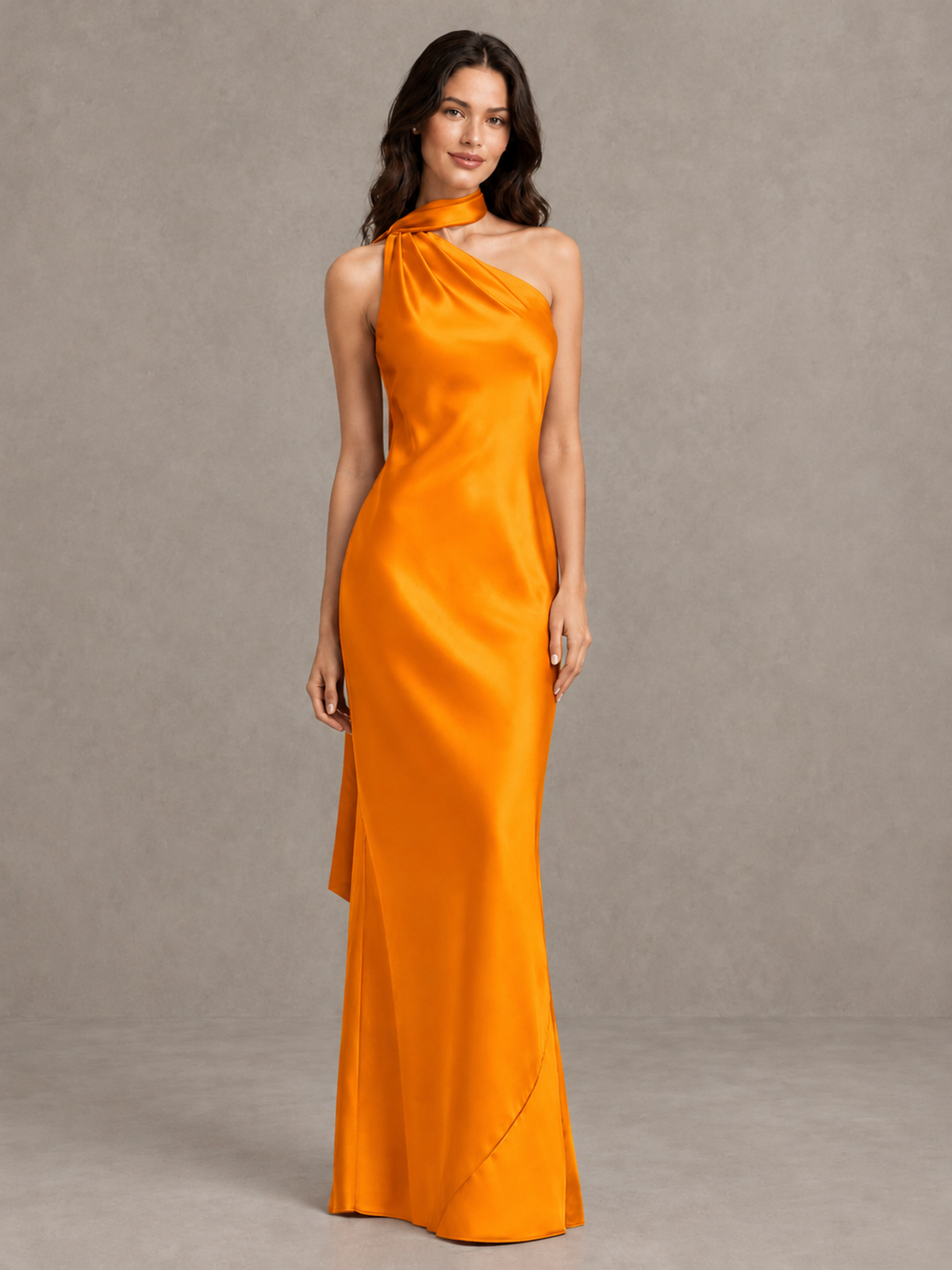 BOLODOO Orange Satin One-Shoulder Bridesmaid Dress with Open Back - Orange - Orange (4)