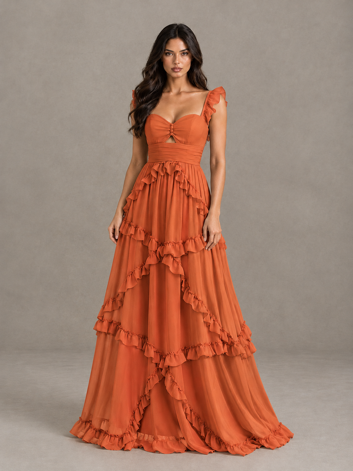 BOLODOO Orange Ruffle A-Line Prom Dress with Open Back - Orange - Orange (4)