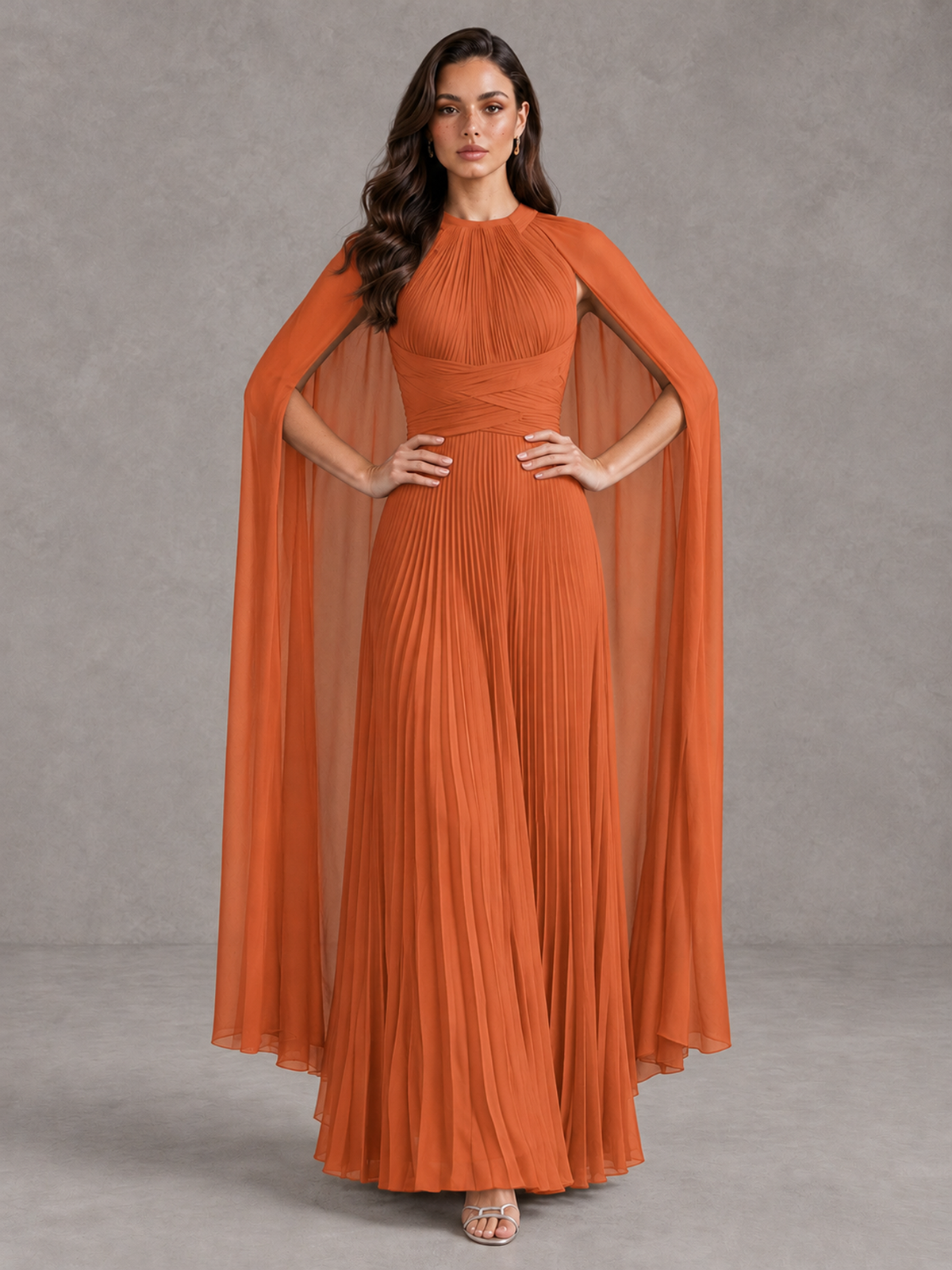 BOLODOO Orange Pleated Cape Maxi Wedding Guest Dress - Orange - Orange (4)
