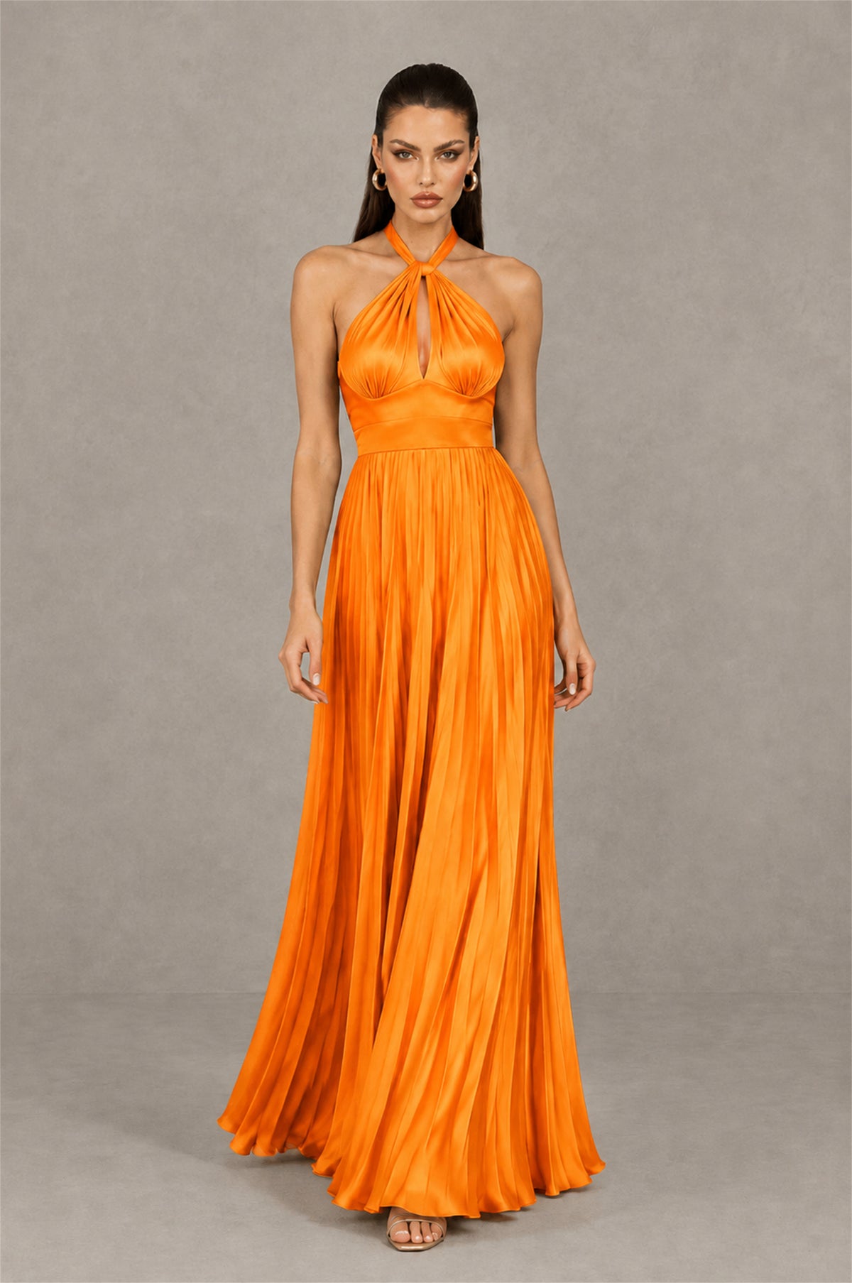 BOLODOO Orange Halter Pleated A-Line Evening Dress - Orange - Orange (4)