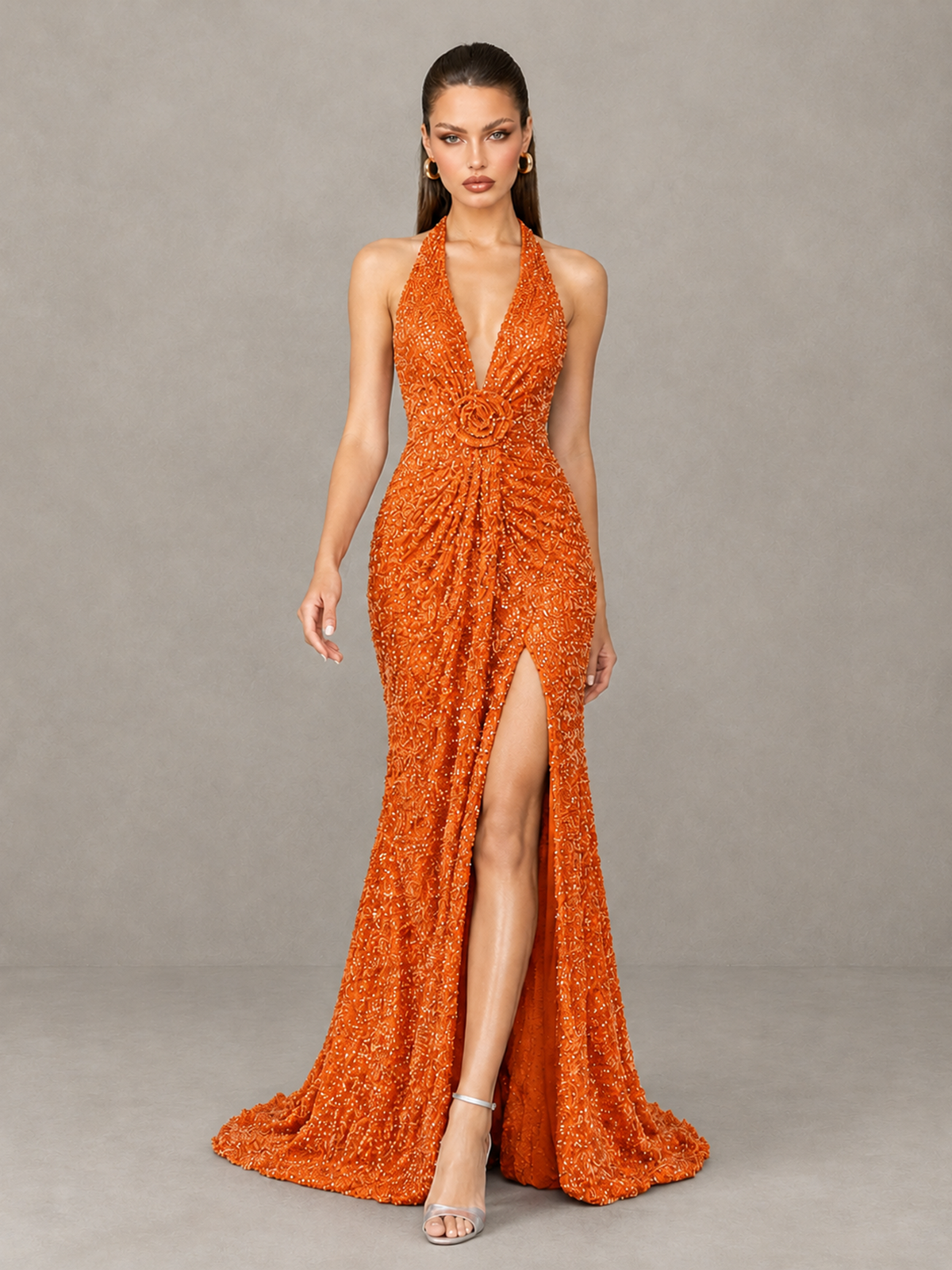 BOLODOO Orange Sequin Halter Open Back Evening Gown with High Slit - Orange - Orange (4)
