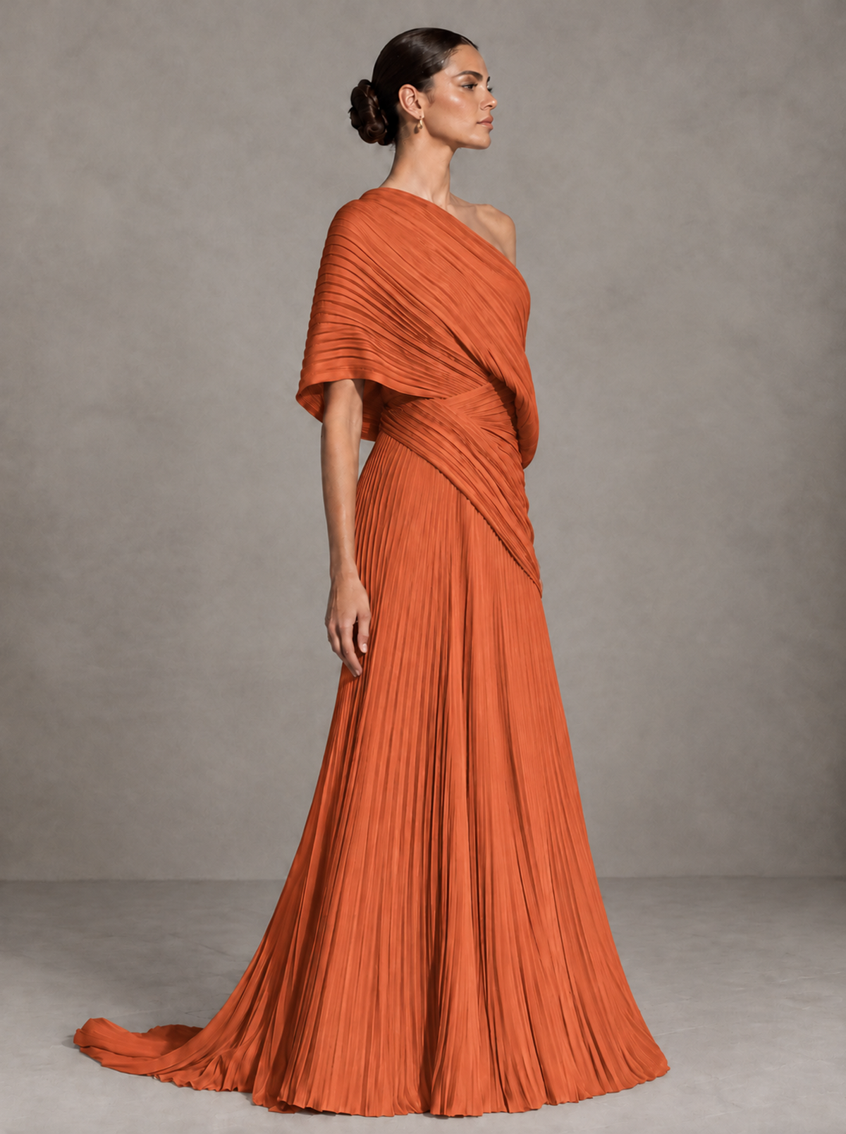 BOLODOO Orange One-Shoulder Pleated Cape Evening Gown with Train - Orange - Orange (4)