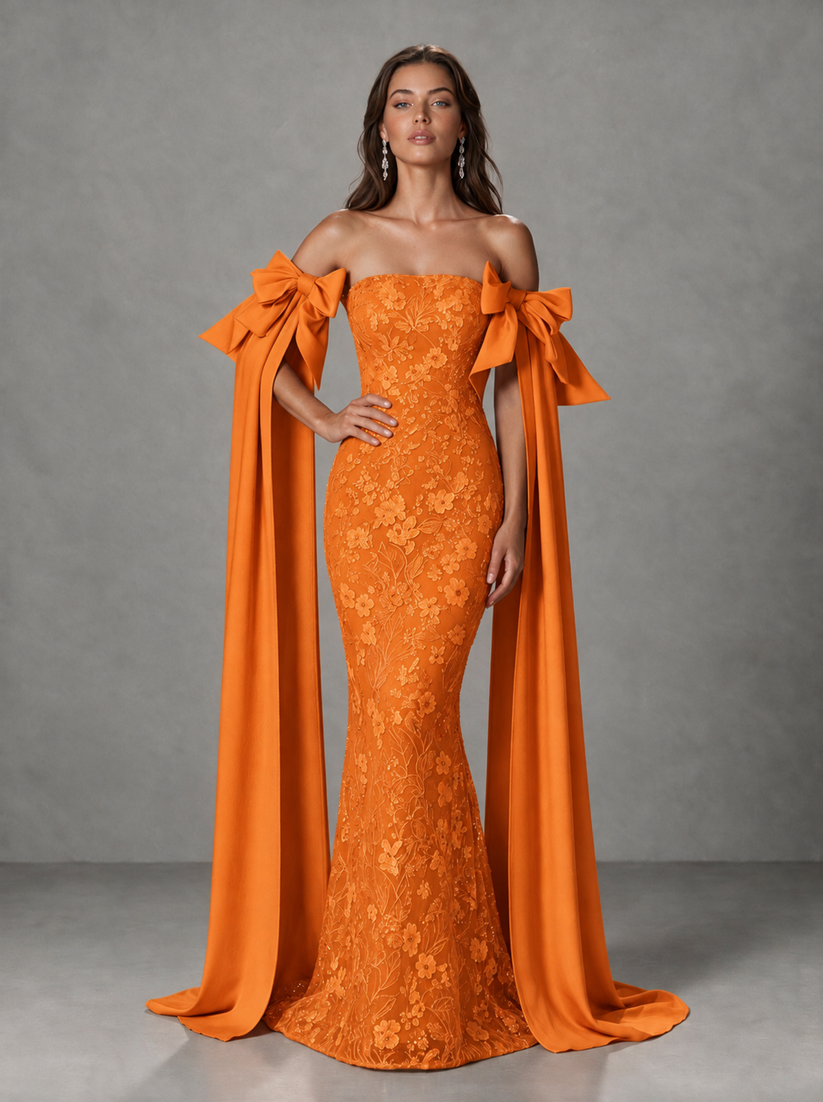 BOLODOO Orange Floral Lace Mermaid Prom Dress with Off-Shoulder Bows - Orange - Orange (4)