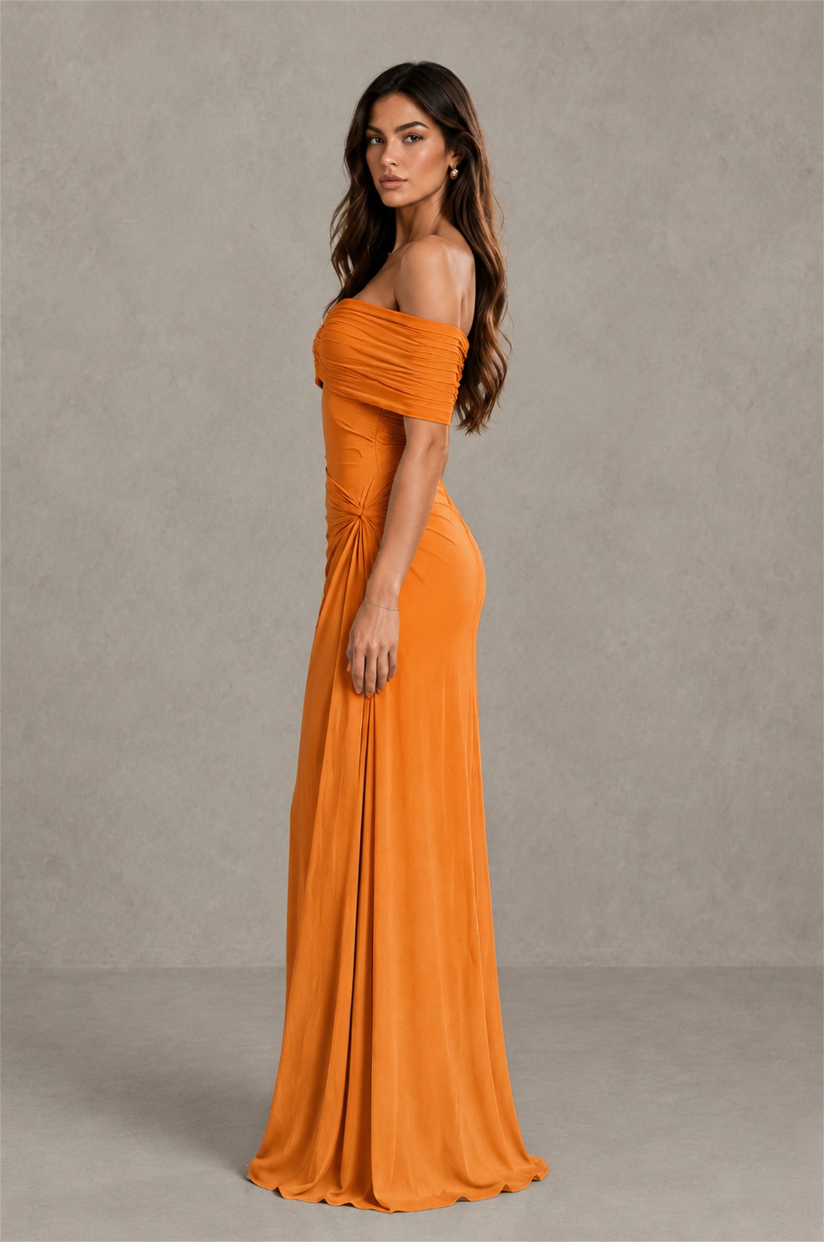 BOLODOO Orange Off-Shoulder Ruched Maxi Dress - Orange