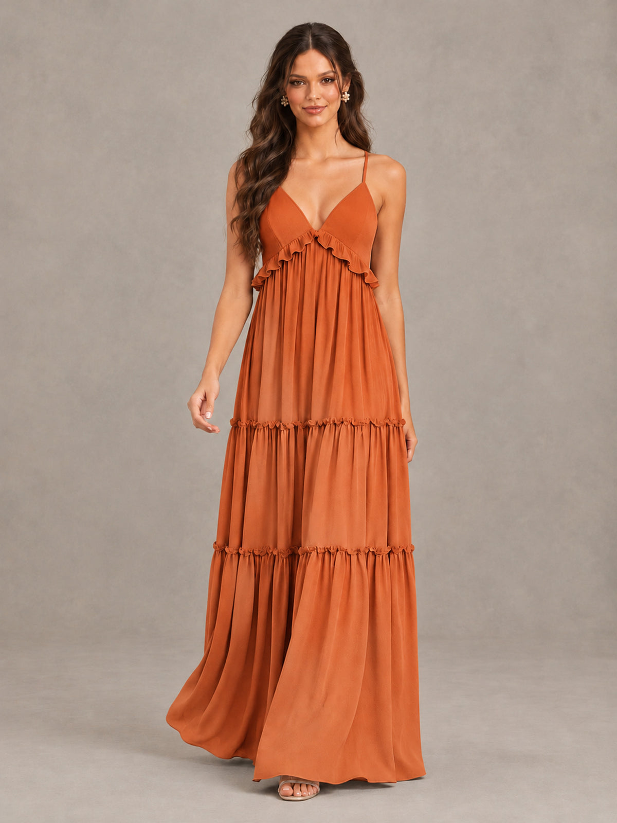 BOLODOO Orange Tiered V-Neck Lace-Up Back Bridesmaid Dress - Orange - Orange (4)