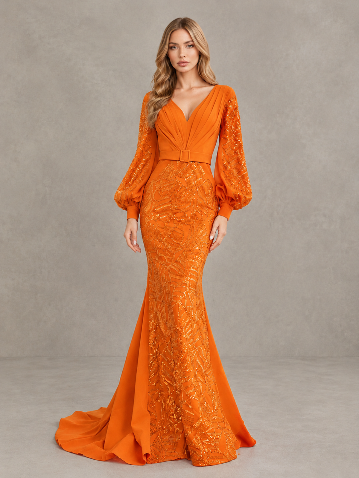 BOLODOO Orange Sequin Long Bishop Sleeve Mermaid Evening Dress - Orange - Orange (4)