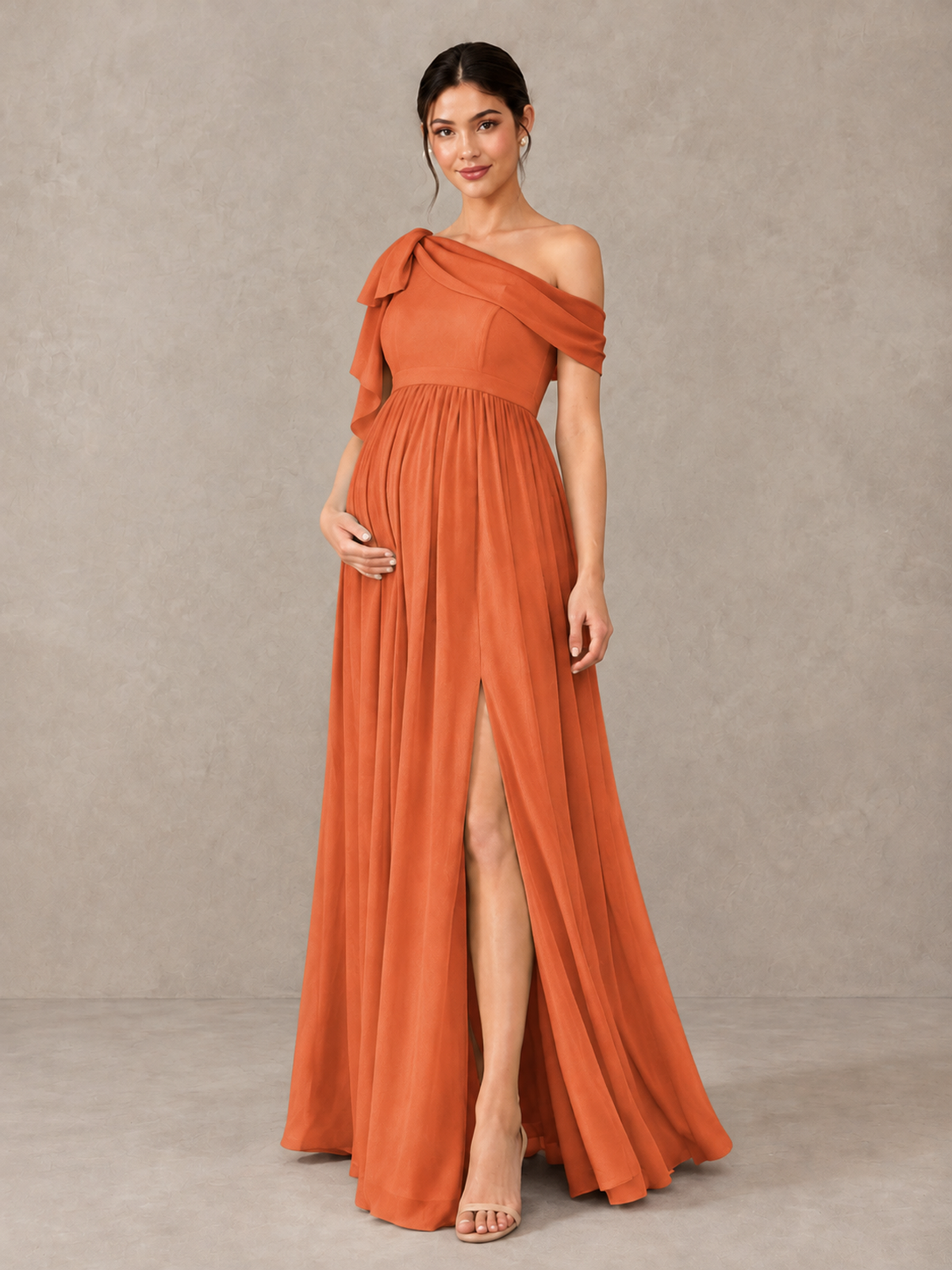 BOLODOO Orange One-Shoulder Maternity Bridesmaid Dress with Slit - Orange - Orange (4)