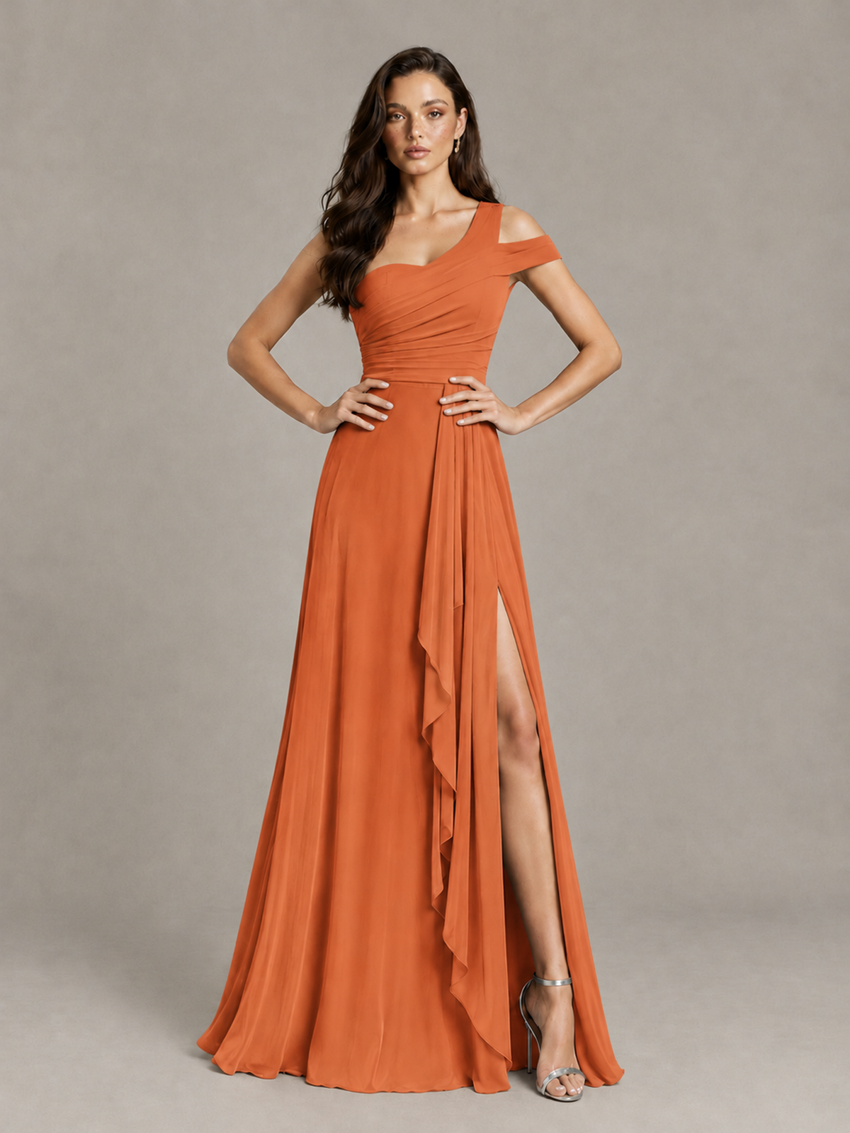 BOLODOO Orange One-Shoulder Bridesmaid Dress with Side Slit - Orange - Orange (4)