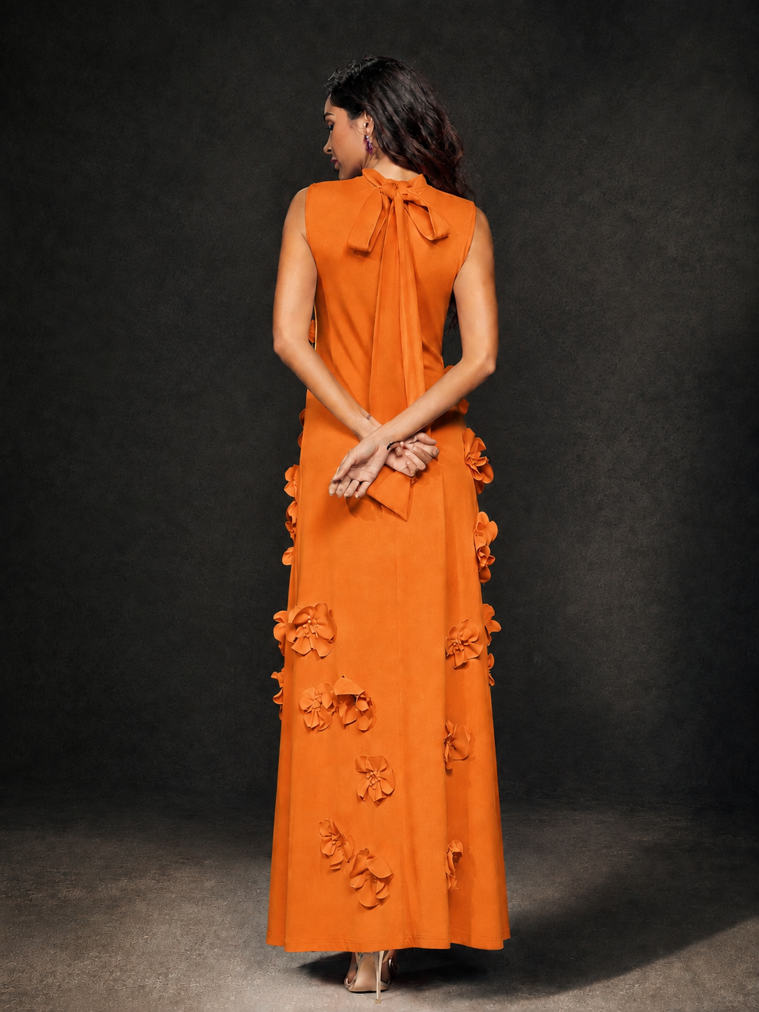 BOLODOO Orange Mock Neck Sleeveless 3D Floral Appliqué Maxi Dress with Bow Back - Orange