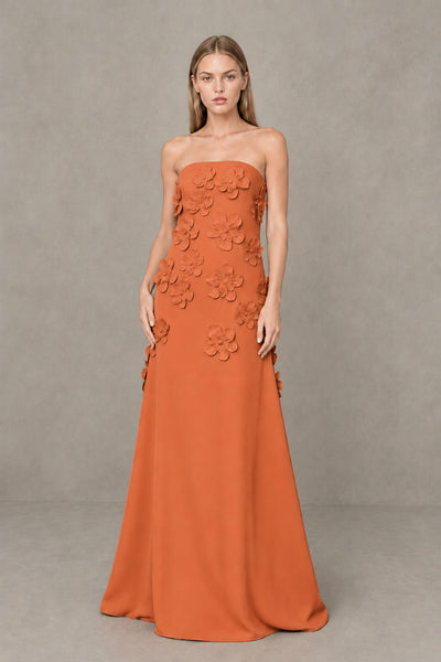 BOLODOO Orange Strapless 3D Floral Appliqué Crepe Maxi Gown 