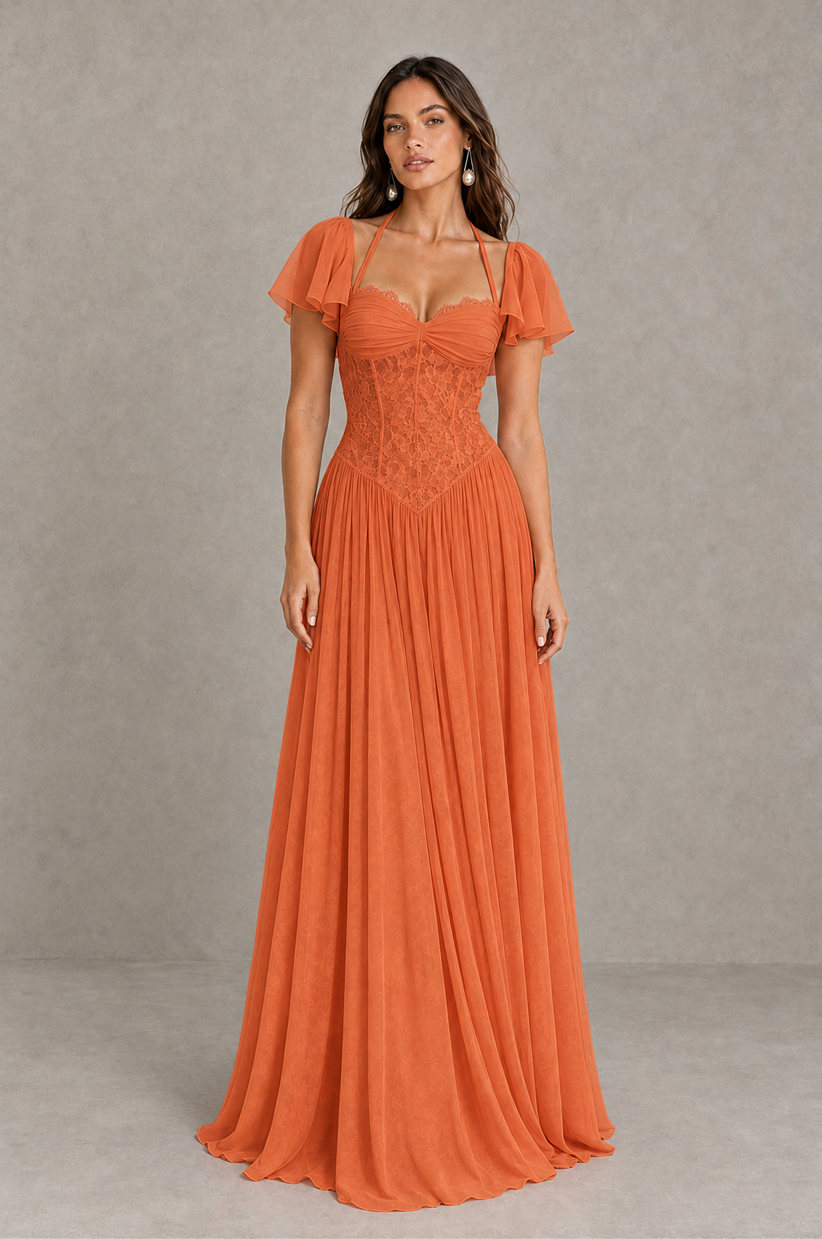 BOLODOO Orange Flutter Sleeve Lace Corset A-Line Maxi Dress 
