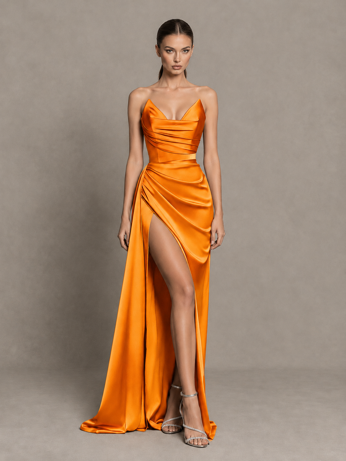 BOLODOO Orange Strapless Satin High-Slit Lace-Up Prom Dress 