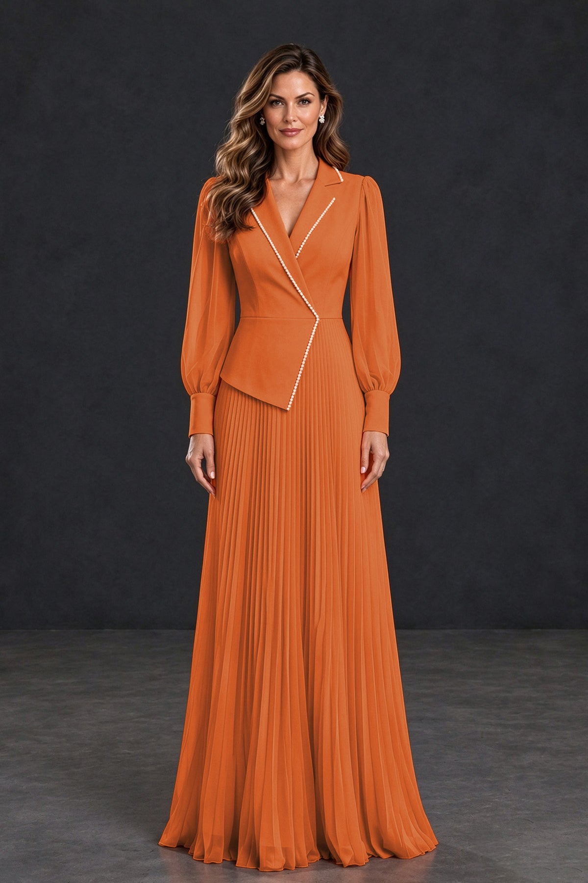 BOLODOO XX093 orange long sleeve mother-of-the-bride dress with lapel neckline and pleated skirt, front view
