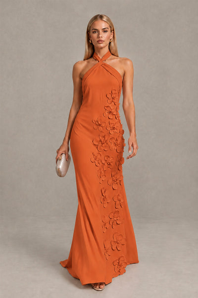 BOLODOO Orange Cross Halter Neck 3D Floral Appliqué Backless Mermaid Maxi Gown 