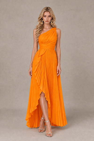 BOLODOO Orange One-Shoulder High-Low Ruffle Maxi Dress 