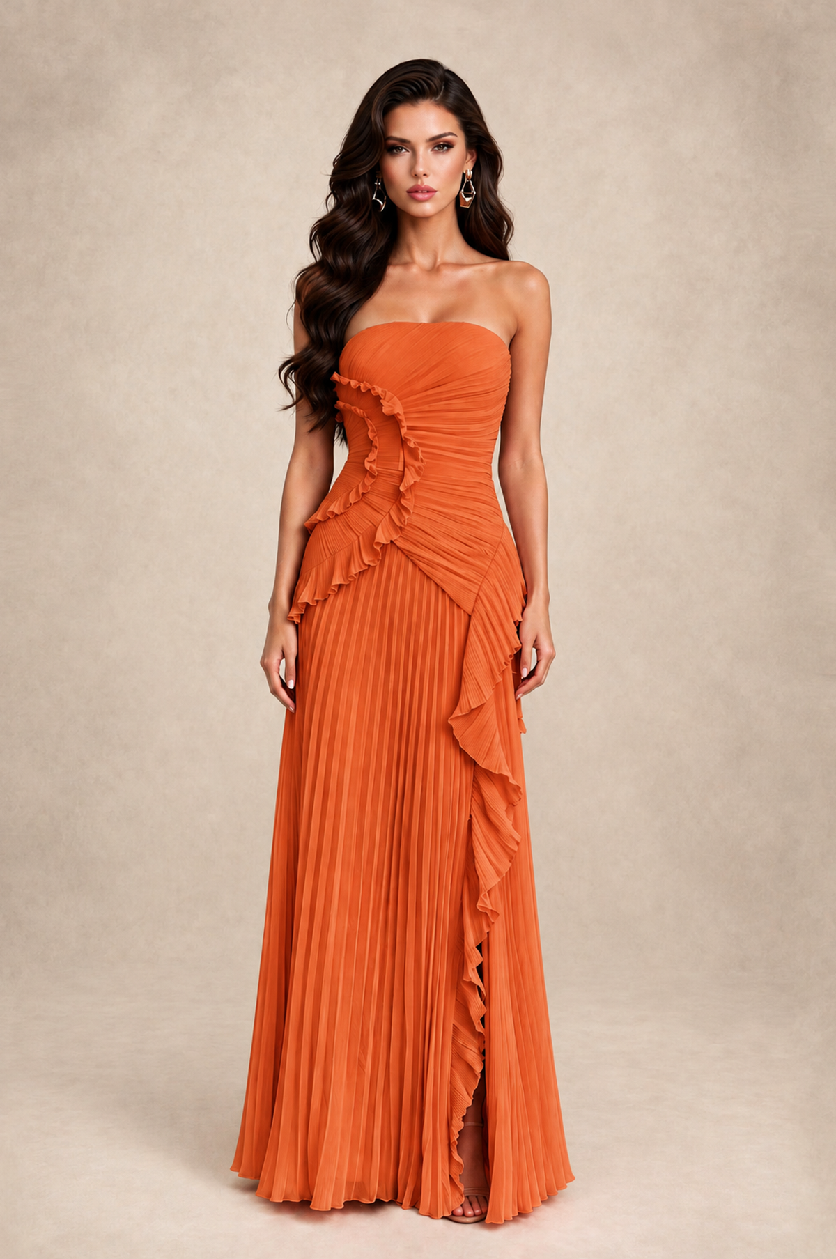 BOLODOO BX0188-Orange strapless evening gown front view with ruched bodice and pleated ruffle skirt