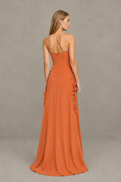 BOLODOO Orange Strapless 3D Floral Appliqué Crepe Maxi Gown 