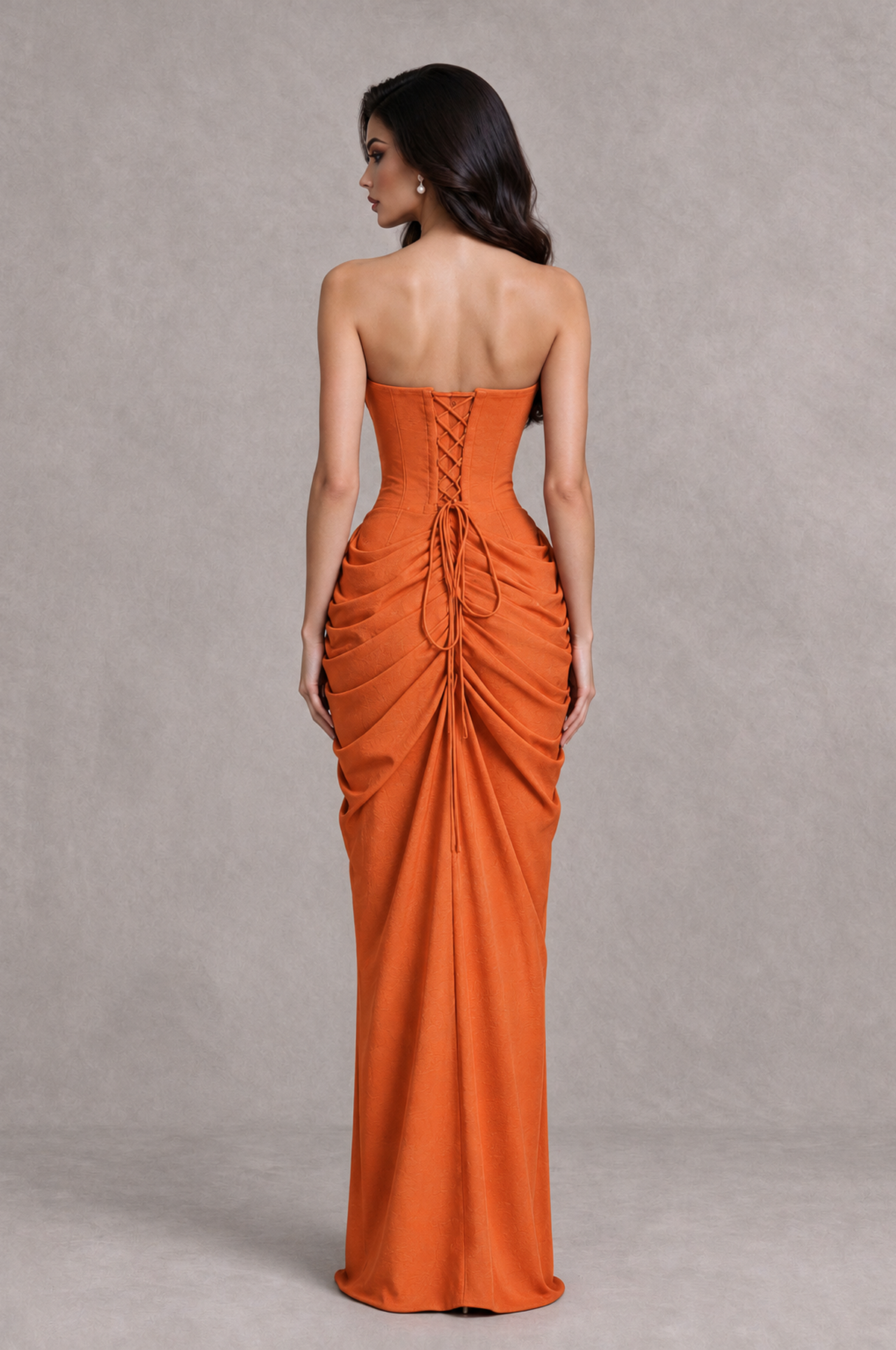 BOLODOO BX0187-Orange evening gown back view with lace-up bodice and ruched skirt