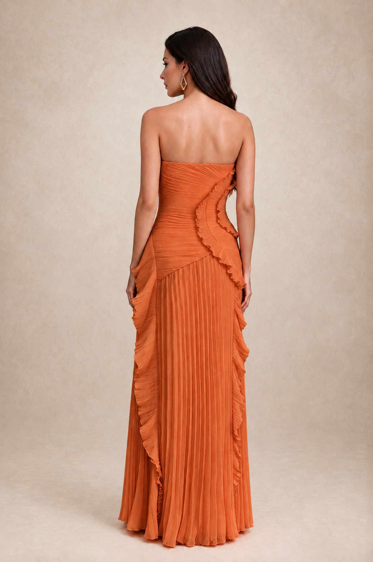 BOLODOO BX0188-Orange gown back view showing exposed upper back and asymmetric ruffle detailing