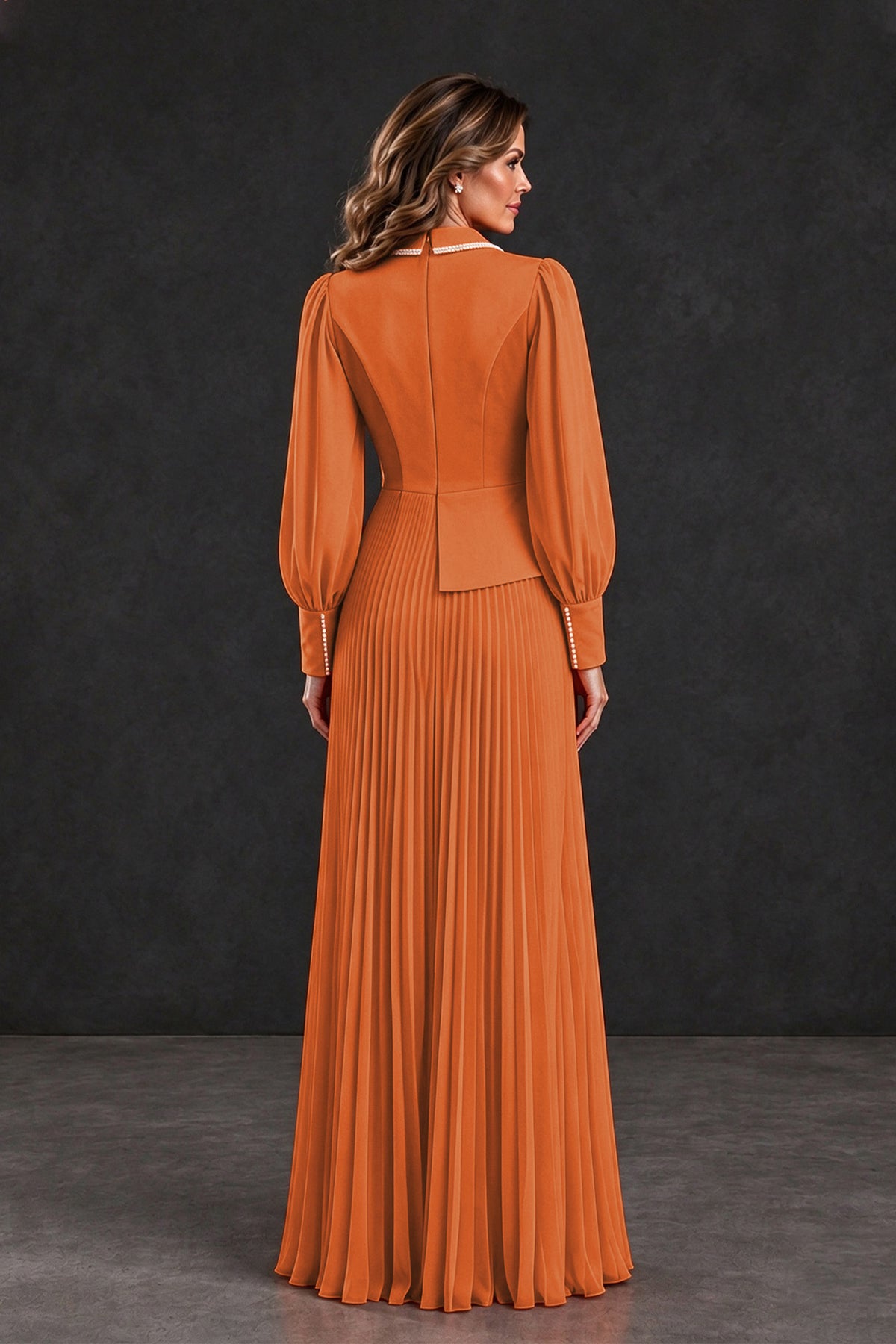 BOLODOO XX093 orange long sleeve dress with covered back and pleated floor-length skirt, back view