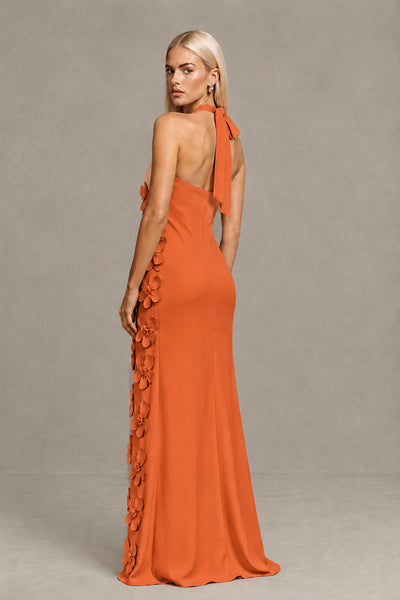 BOLODOO Orange Cross Halter Neck 3D Floral Appliqué Backless Mermaid Maxi Gown 