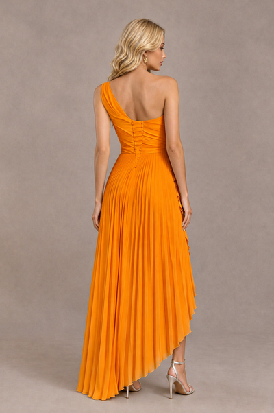 BOLODOO Orange One-Shoulder High-Low Ruffle Maxi Dress 