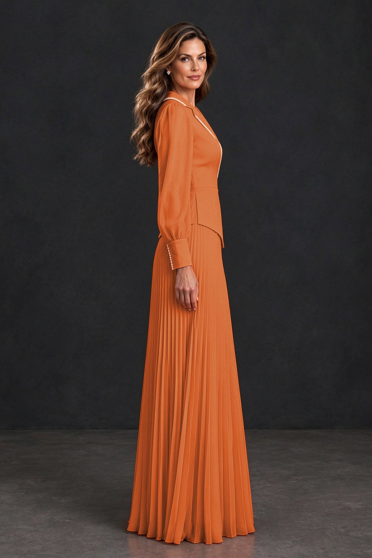 BOLODOO XX093 orange bishop sleeve evening dress with fitted waist and pleated maxi skirt, side view