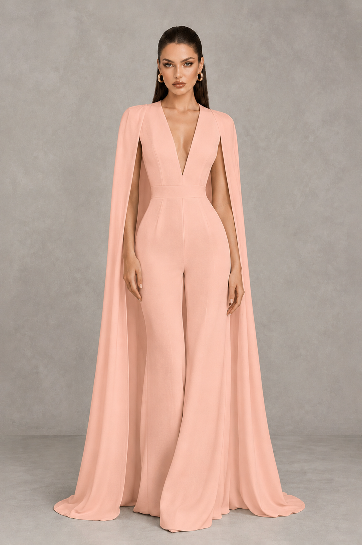 BOLODOO Peach Deep V-Neck Cape Sleeve Bridal Jumpsuit - Peach - Peach_01