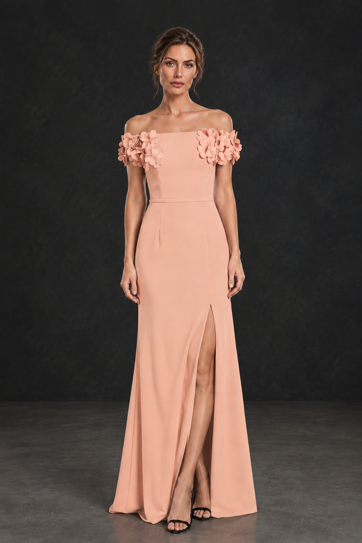 BOLODOO Peach Off-the-Shoulder Mother of the Bride Dress with Floral Appliques - Peach - Peach_01