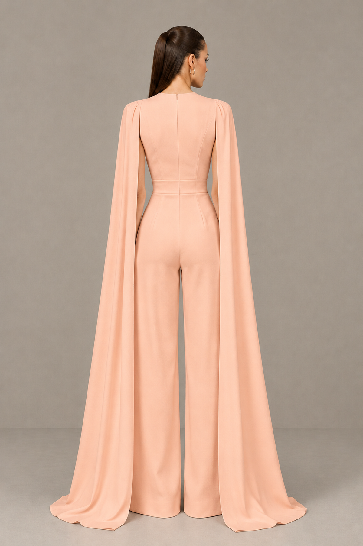 BOLODOO Peach Deep V-Neck Cape Sleeve Bridal Jumpsuit - Peach - Peach_02