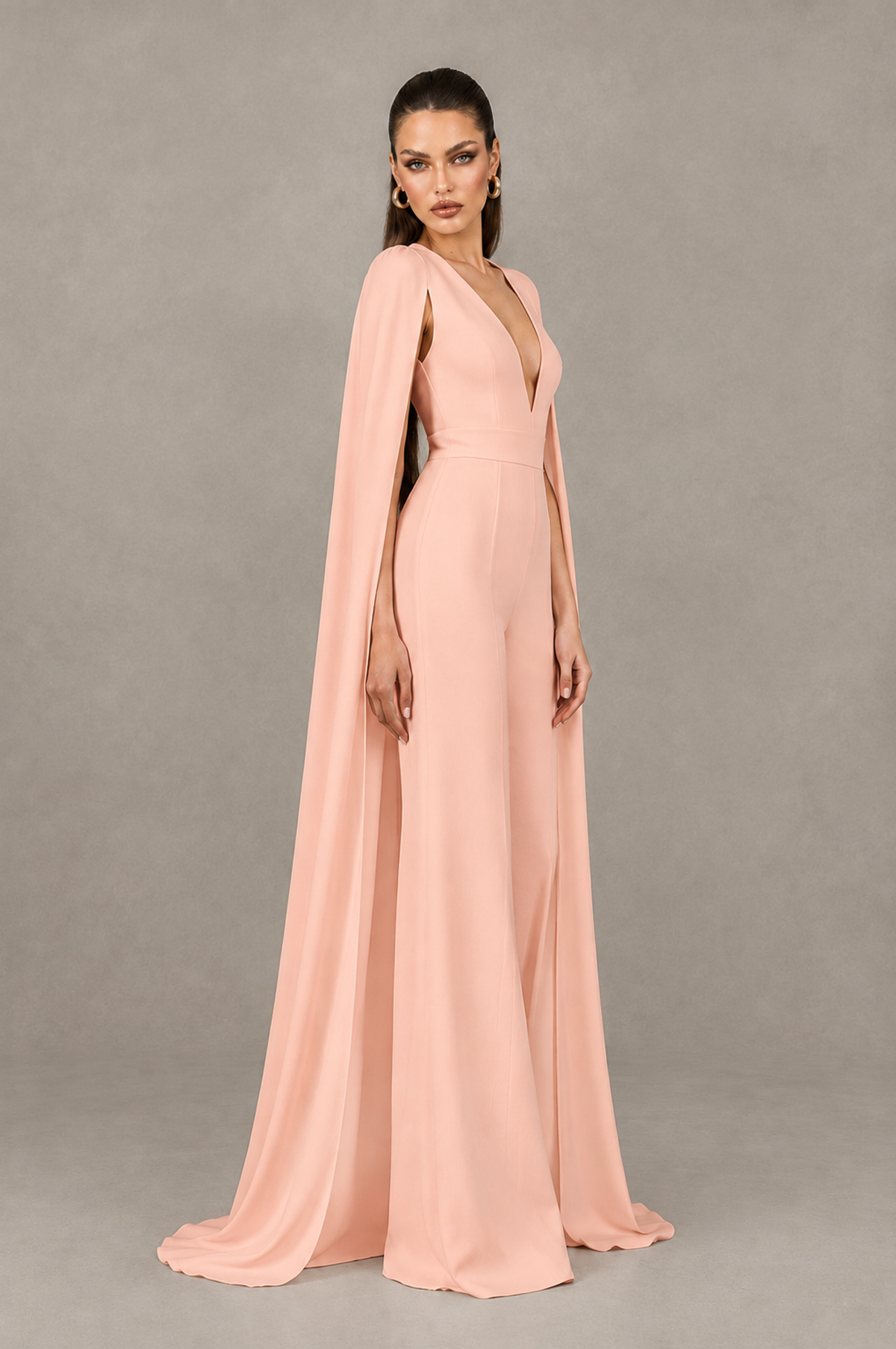 BOLODOO Peach Deep V-Neck Cape Sleeve Bridal Jumpsuit - Peach - Peach_03