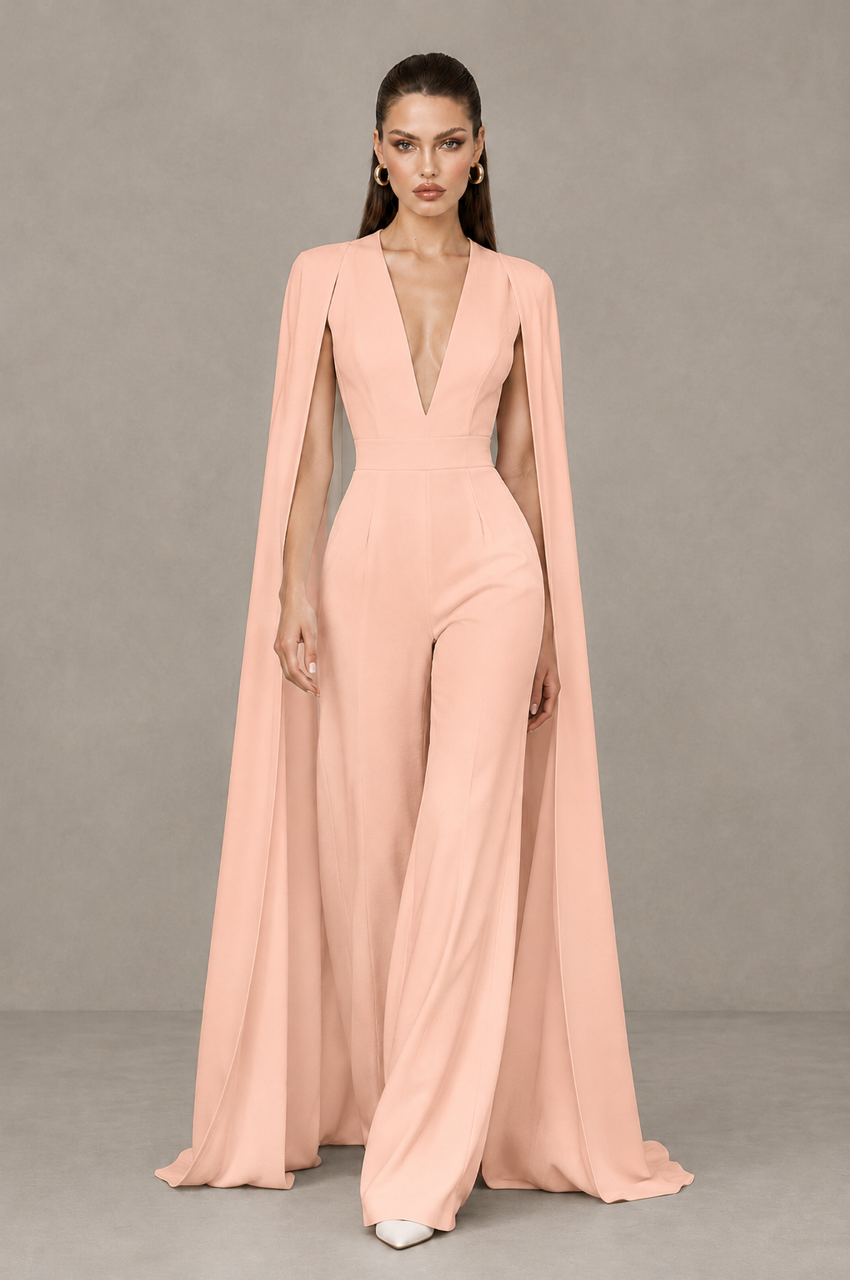 BOLODOO Peach Deep V-Neck Cape Sleeve Bridal Jumpsuit - Peach - Peach_04