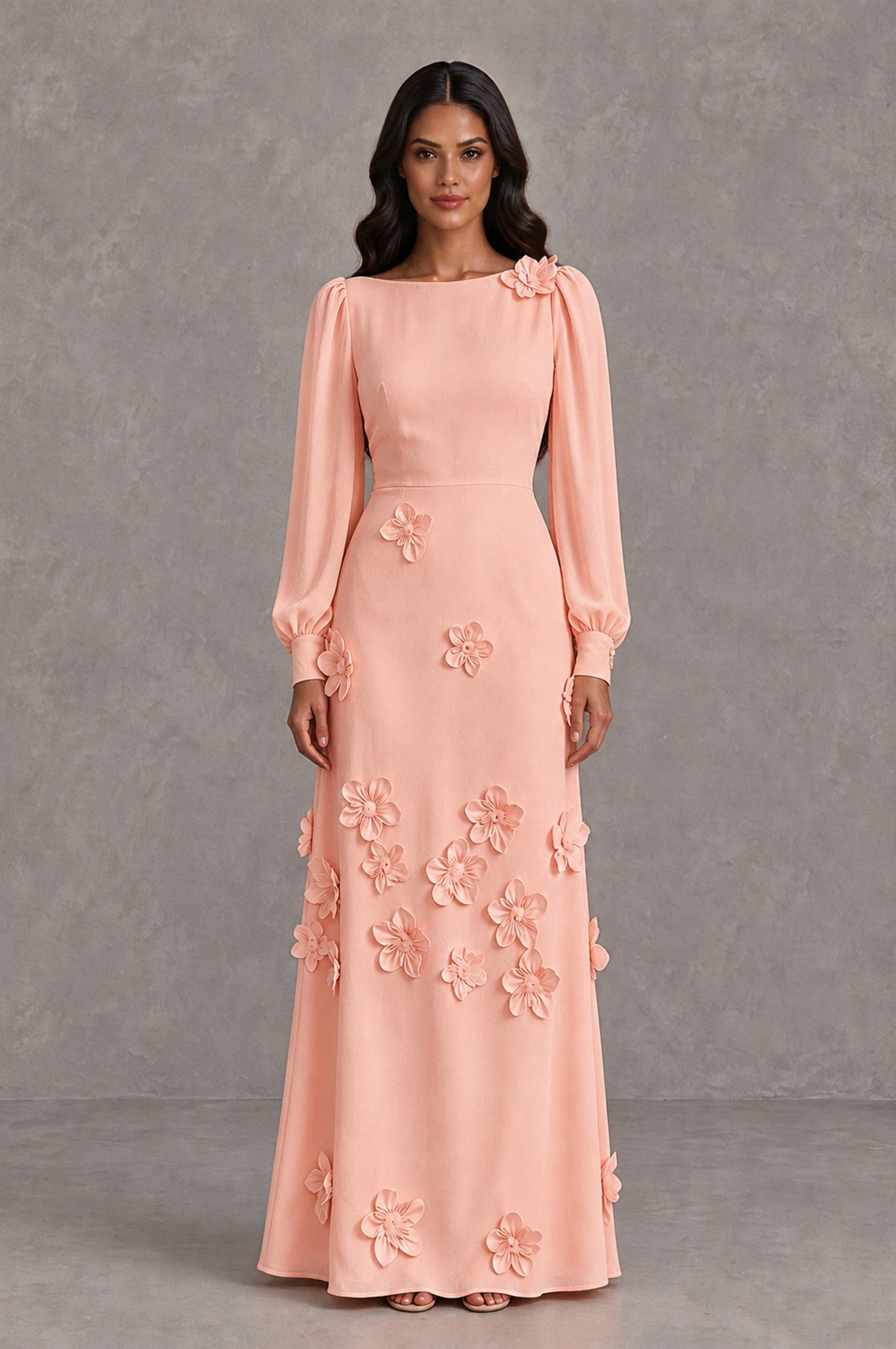 BOLODOO Peach Long Sleeve Floral Applique A-Line Evening Dress - Peach - Peach_1
