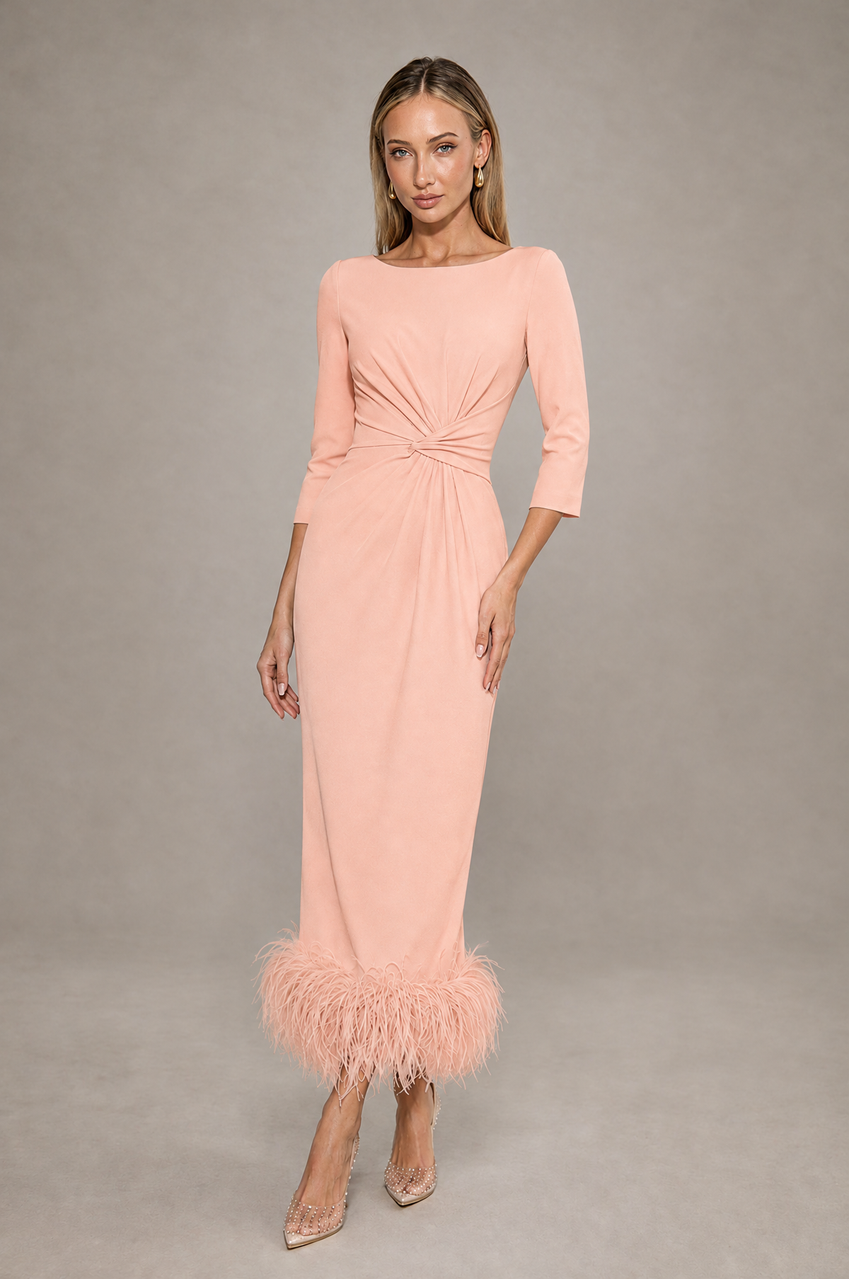 BOLODOO Peach Feather-Trim Twist-Waist Midi Dress - Peach - Peach_1