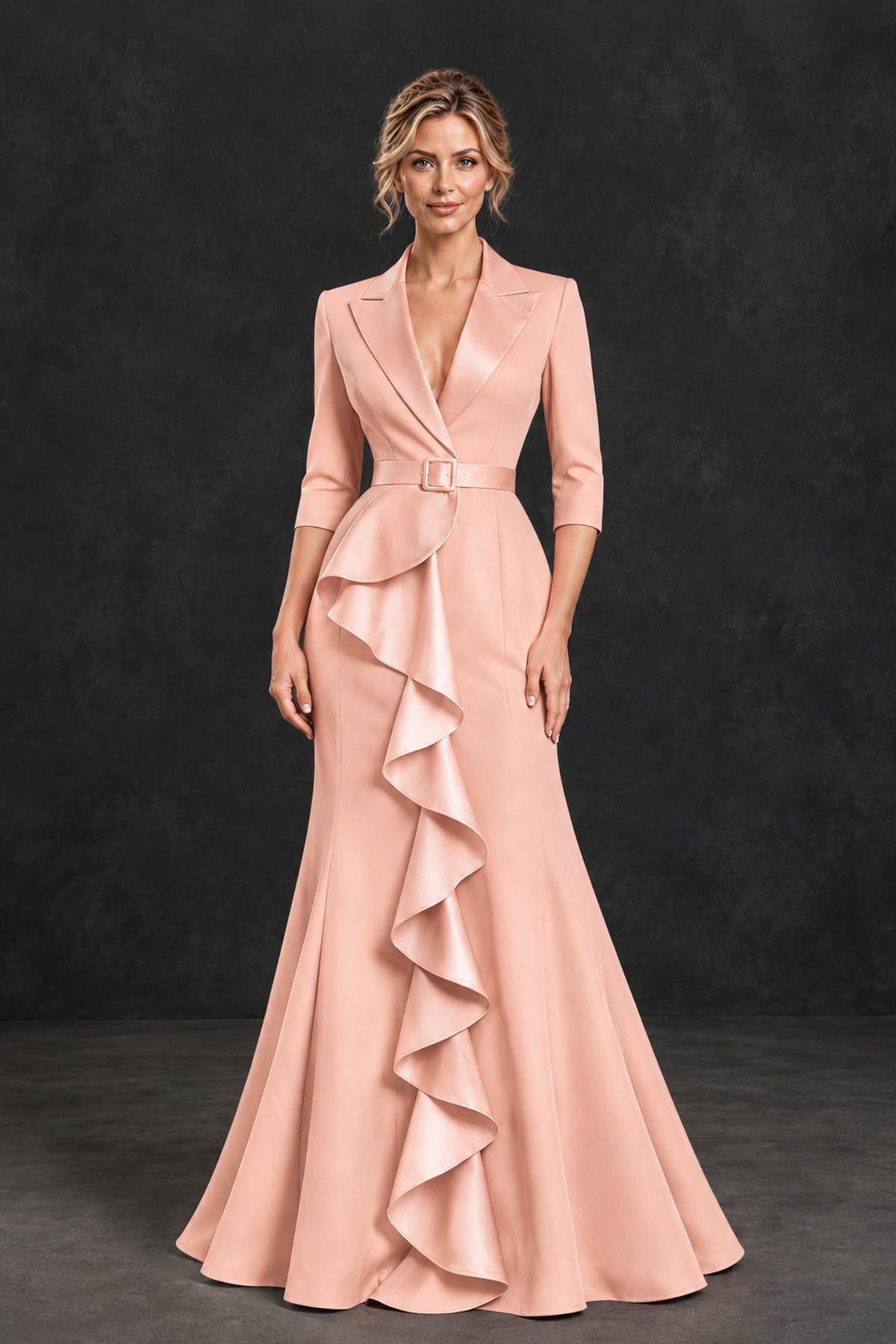 BOLODOO Peach Lapel Ruffle Mother of the Bride Dress with Belt - Peach - Peach_1