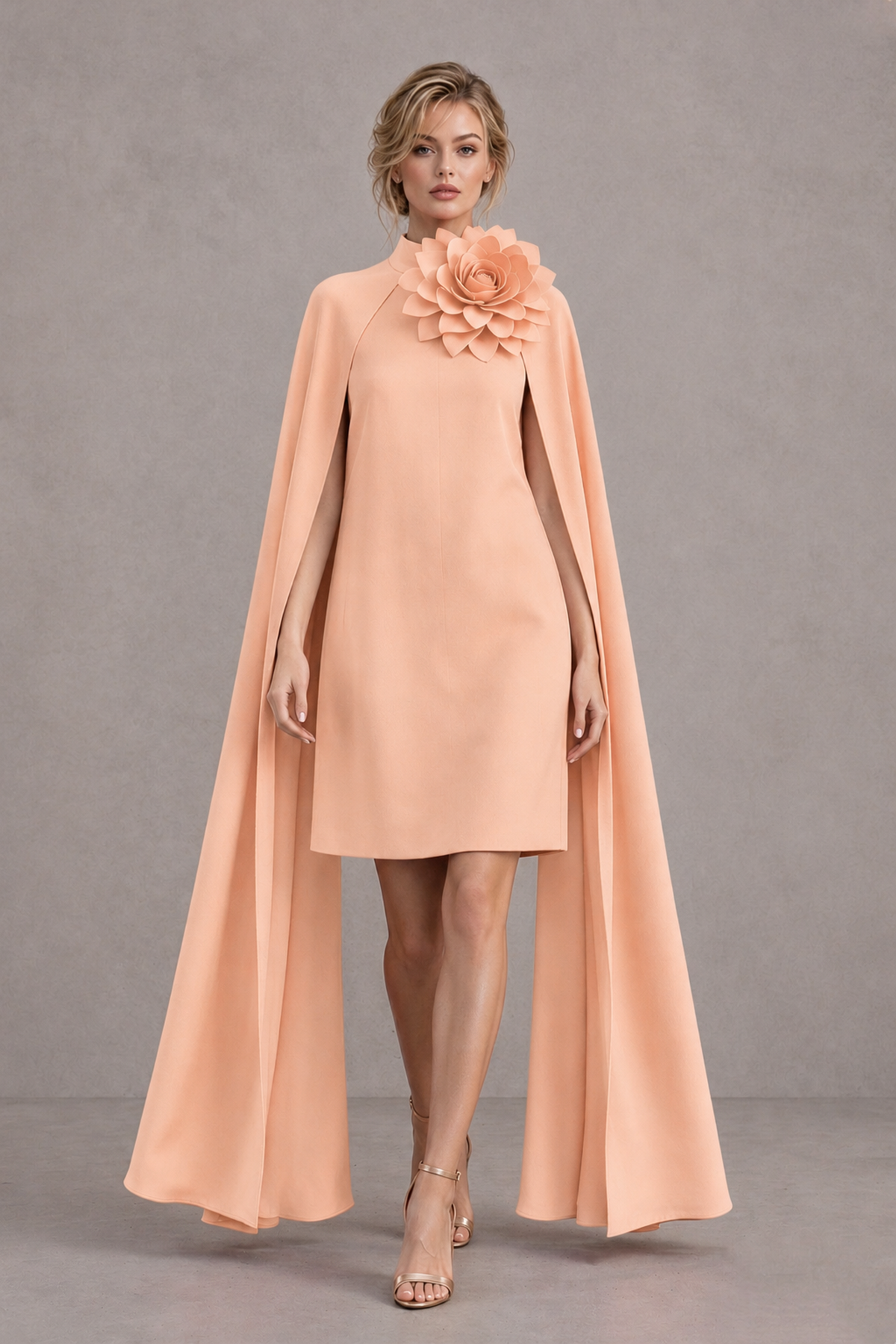 BOLODOO Peach High Neck Floral Cape Mini Cocktail Dress - Peach - Peach_1