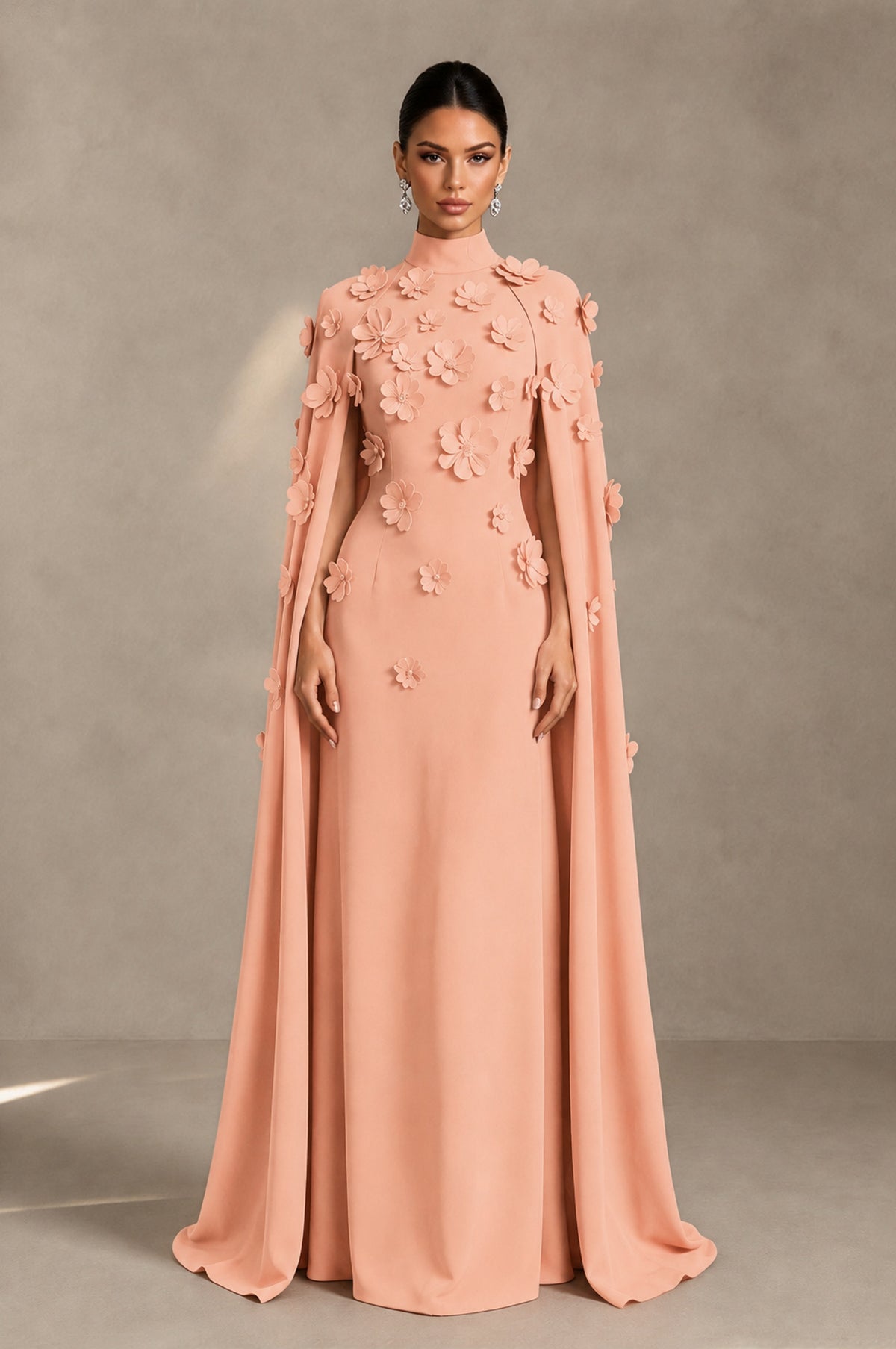 BOLODOO Peach 3D Floral Applique Cape Formal Dress - Peach - Peach_1