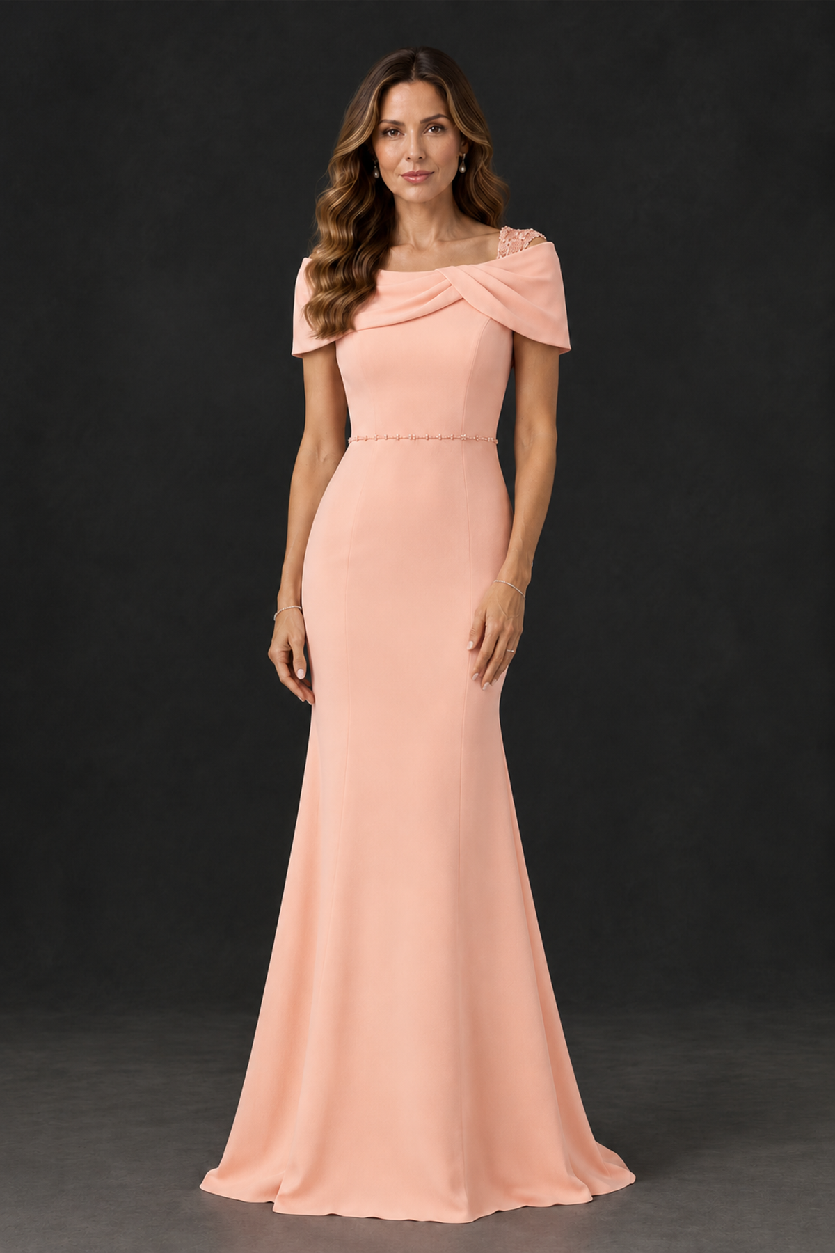 BOLODOO Peach Mother of the Bride Dress with Draped Cape Detail - Peach - Peach_1