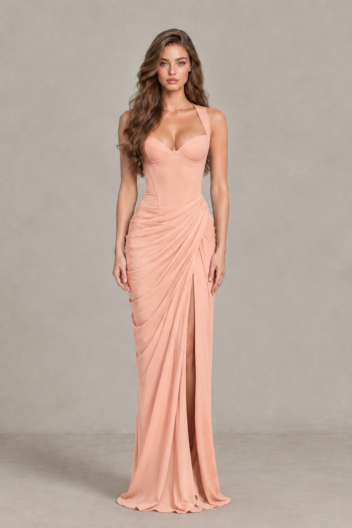BOLODOO Peach Sweetheart Maxi Dress with High Slit - Peach - Peach_1