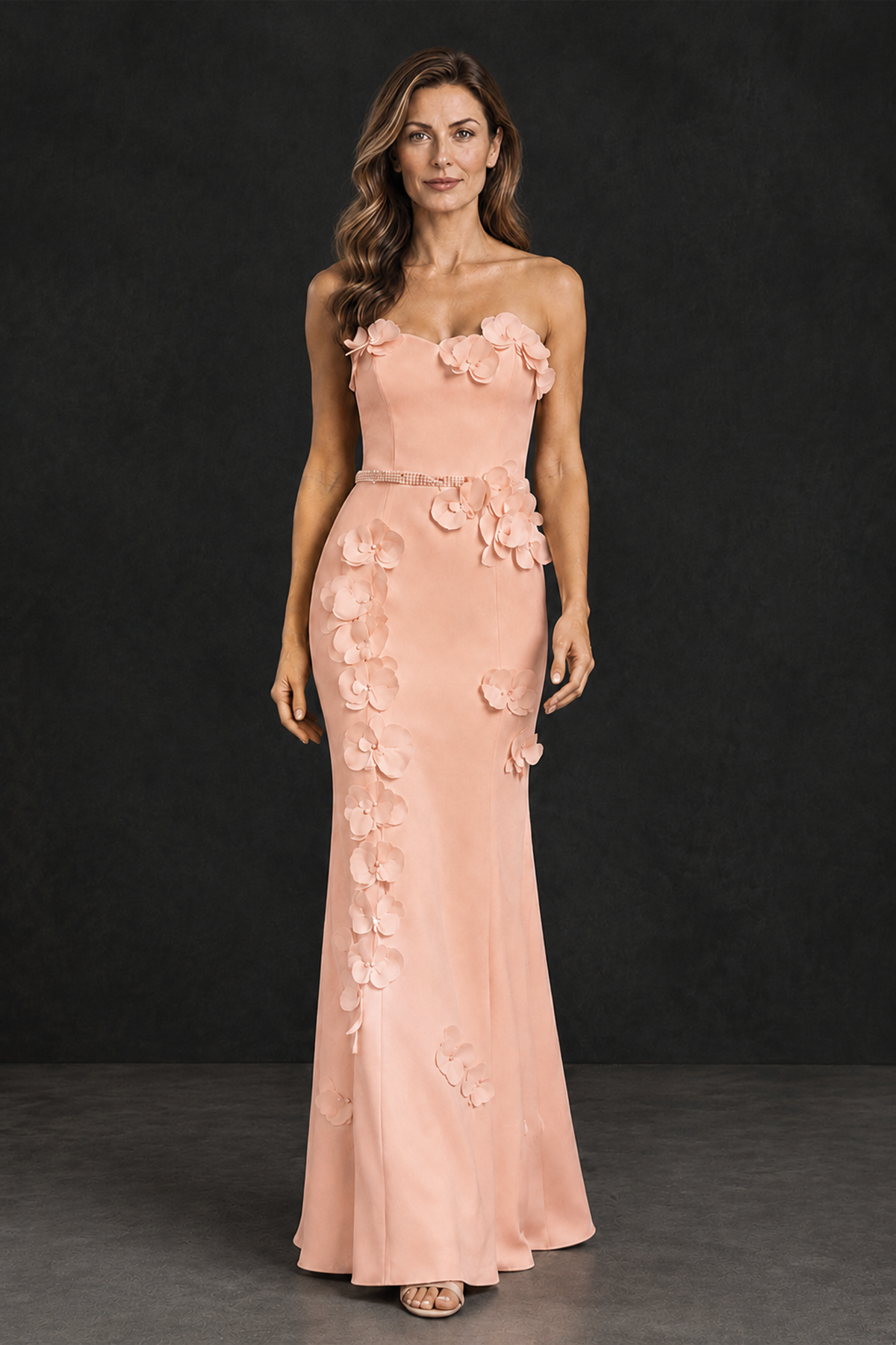 BOLODOO Peach Strapless Mother of the Bride Dress with 3D Floral Appliques - Peach - Peach_1