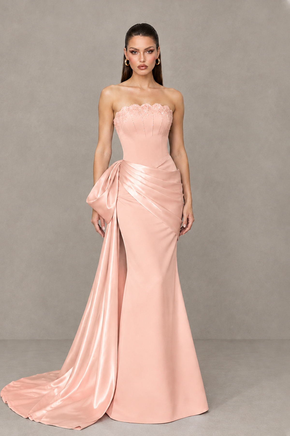 BOLODOO Peach Strapless Satin Prom Dress with Draped Side Train - Peach - Peach_1