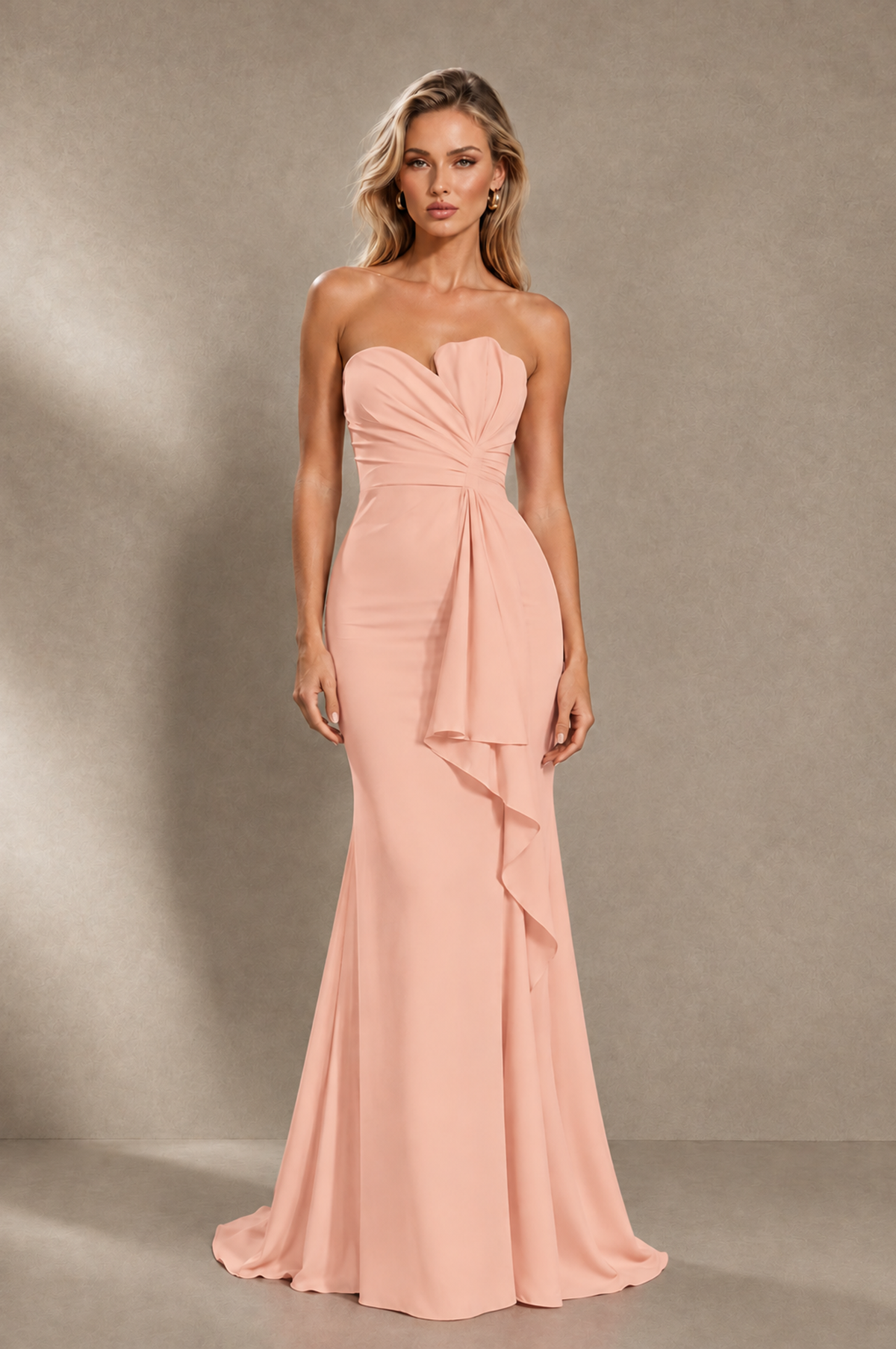 BOLODOO Peach Strapless Sweetheart Ruched Mermaid Gown | Cascade Drape Formal Evening Dress - Peach - Peach_1