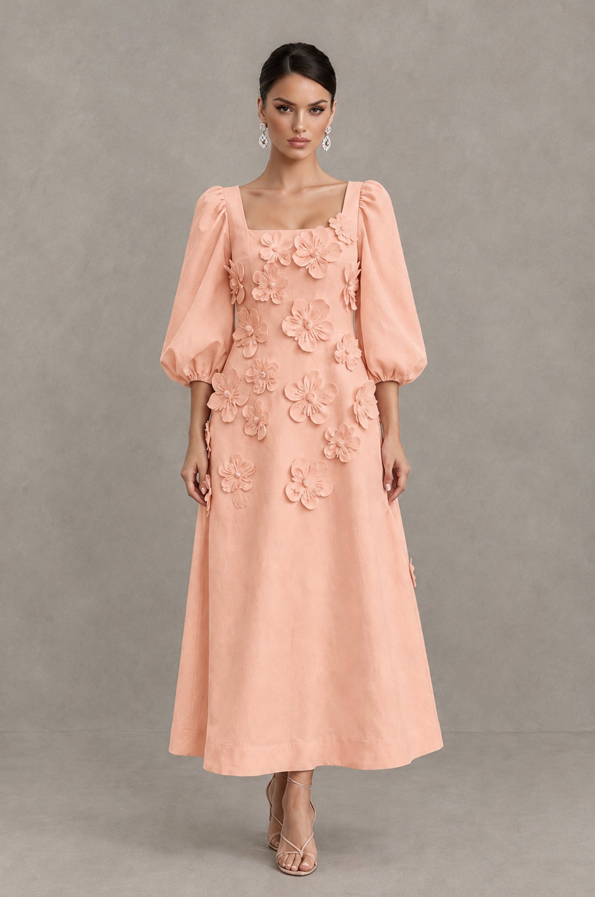 BOLODOO Peach 3D Floral Puff Sleeve Midi Cocktail Dress - Peach - Peach_1